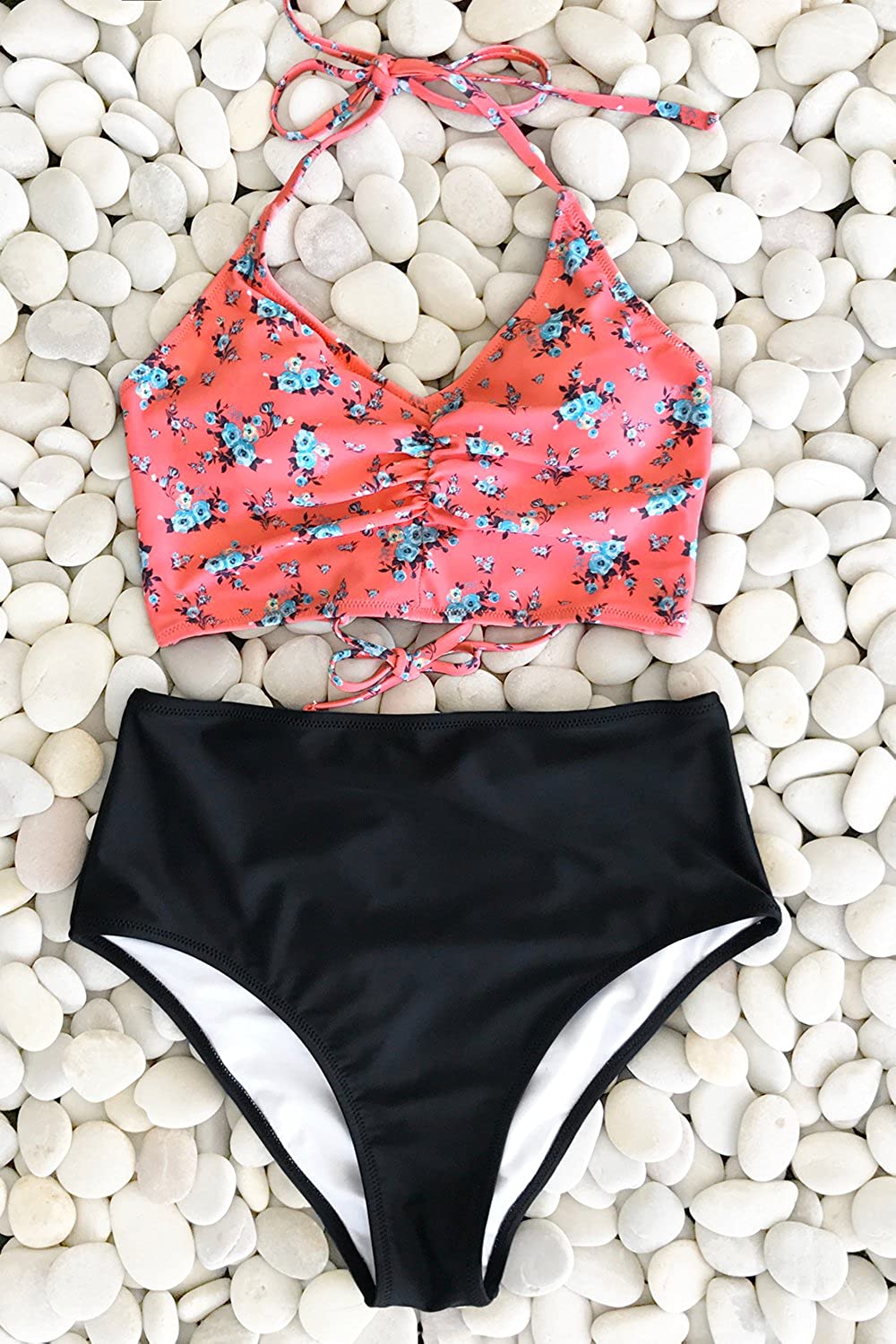 CUPSHE Women’s Bikini Swimsuit Floral Print Halter Lace Up Two Piece Bathing Suit