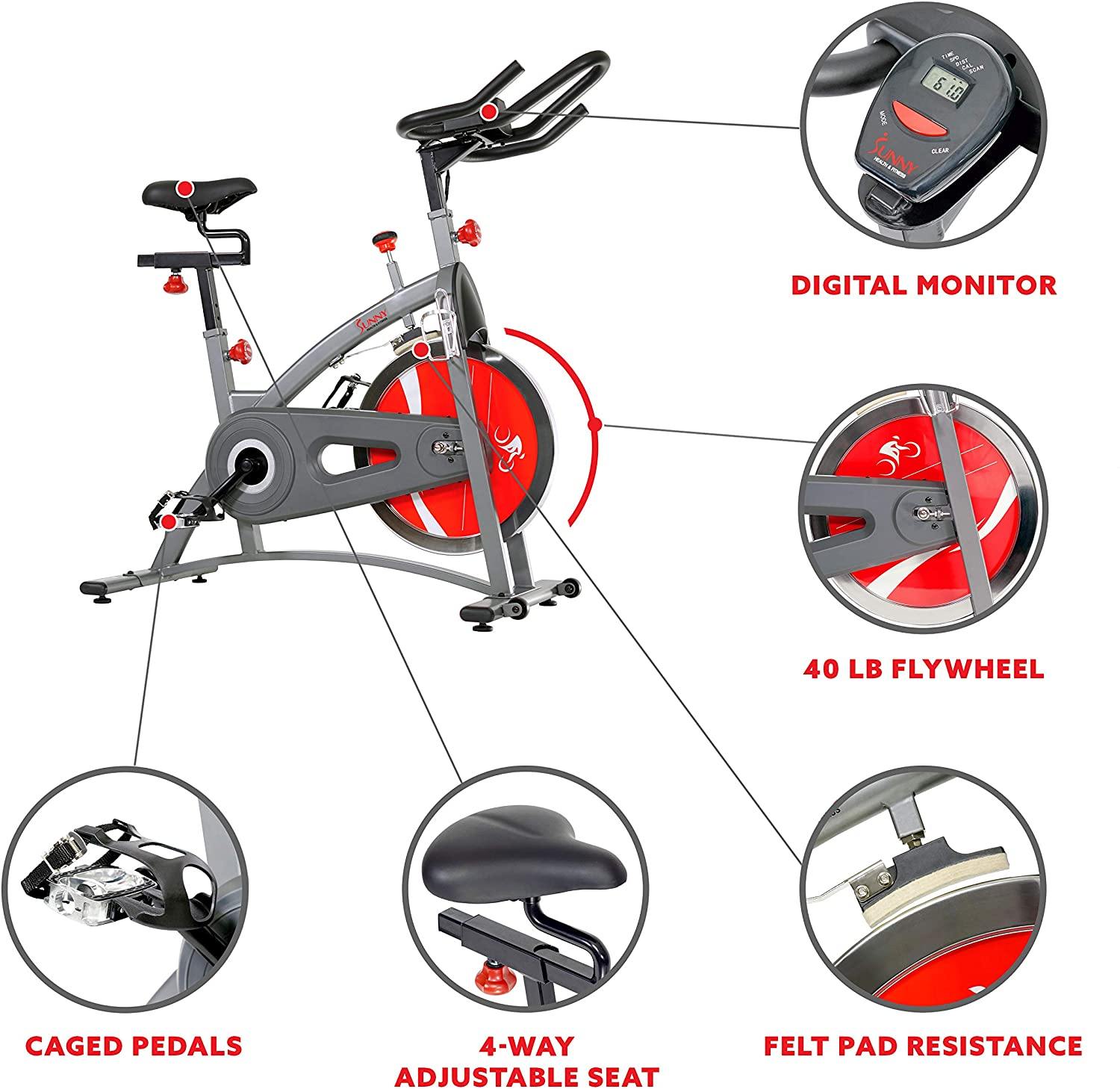 Sunny Health & Fitness Indoor Cycling Exercise Bike with LCD Monitor, 40 lb chrome Flywheel, 265 lb Max Weight - SF-B1423/C - JOY2ESpree