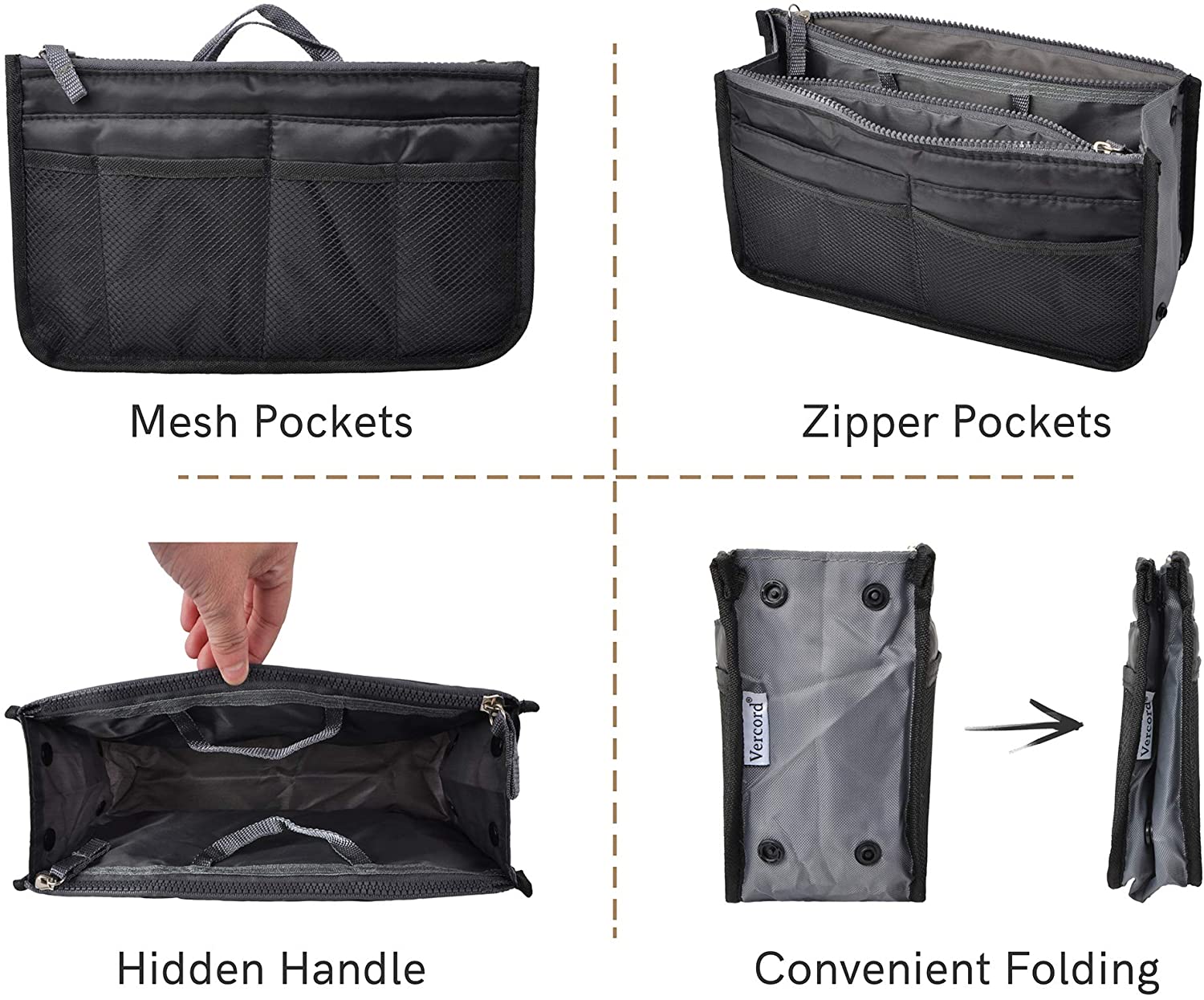 Vercord Purse Organizer Insert for Handbags Bag Organizers Inside Tote Pocketbook Women Nurse Nylon 13 Pockets Black Medium