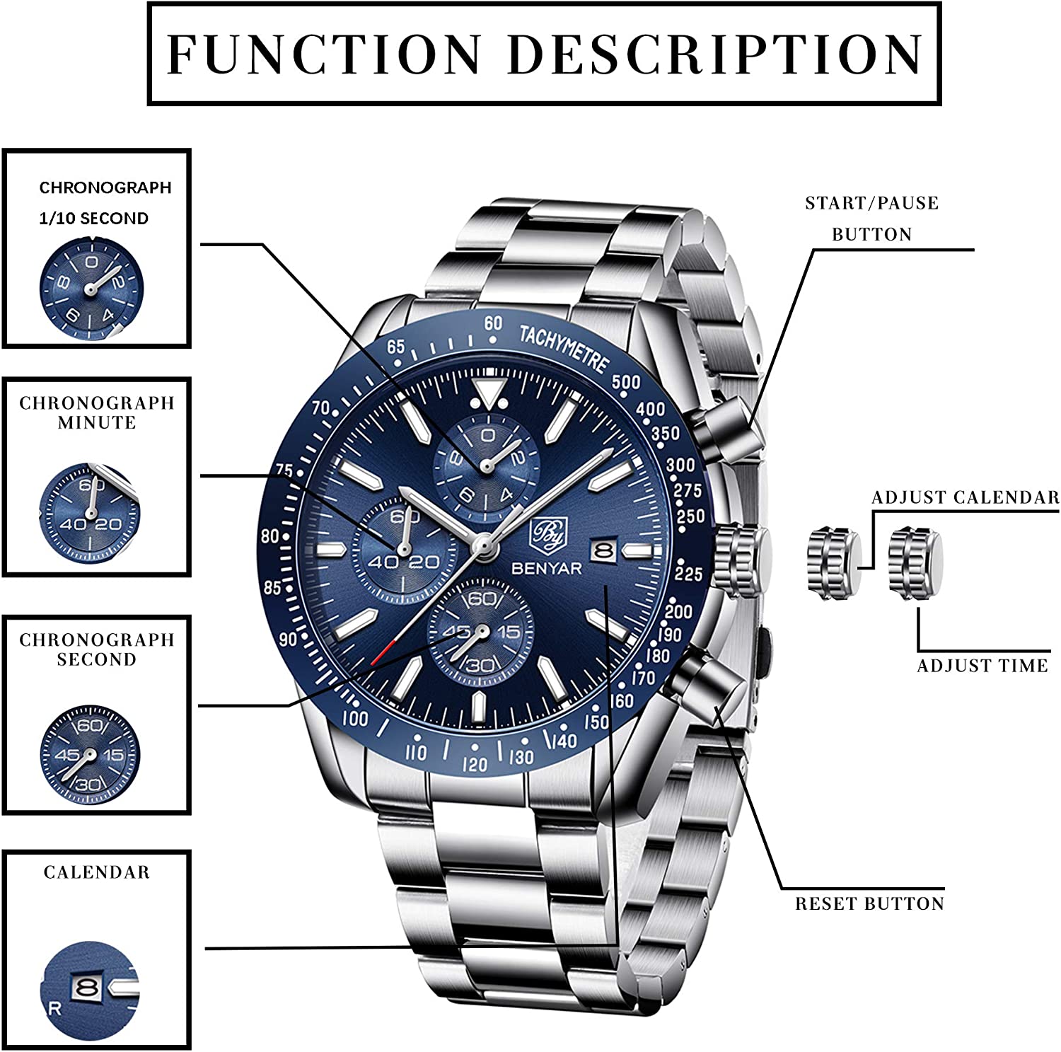 BENYAR Chronograph Mens Watch Quartz Movement 30M Waterproof | Leather Watch Strap