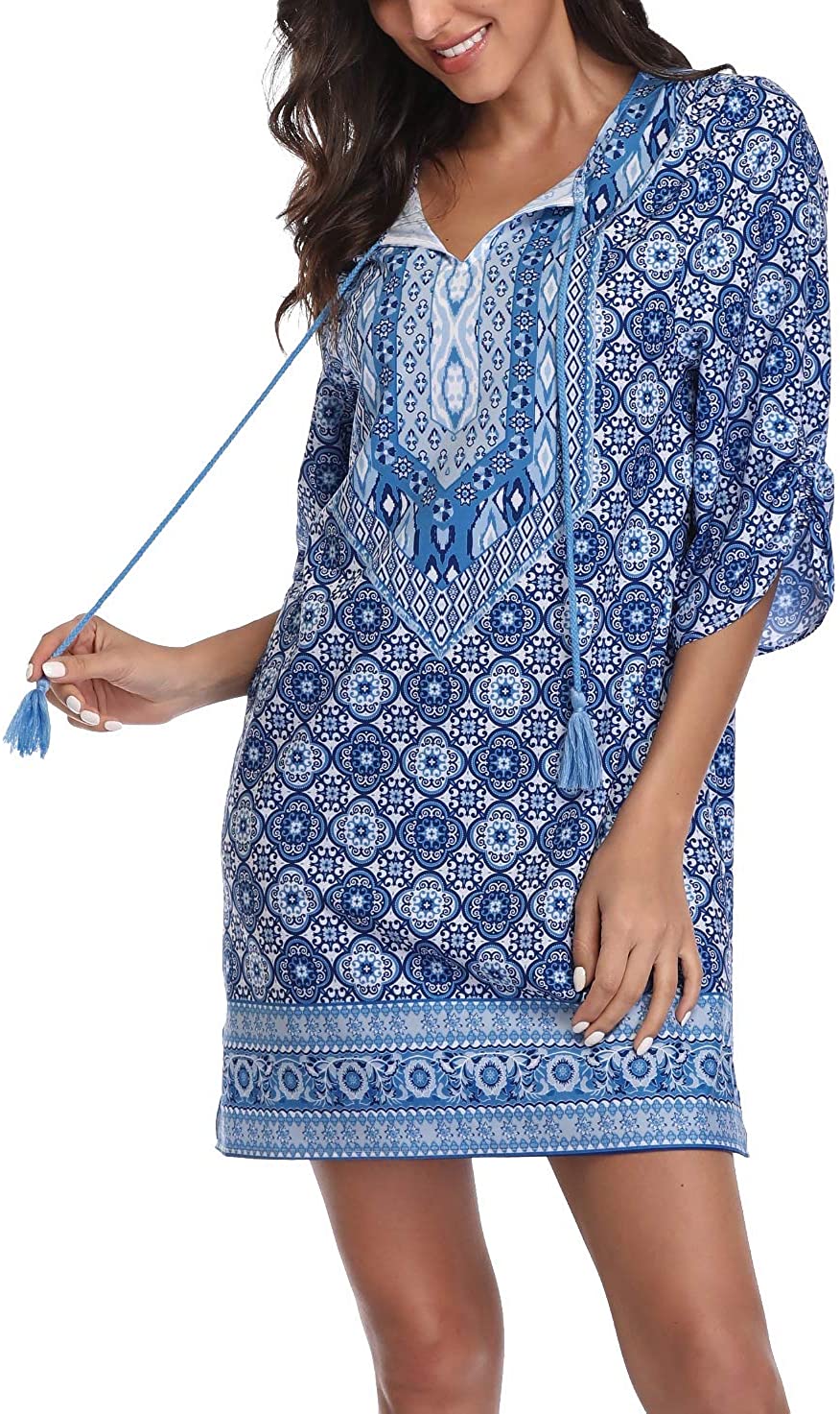 Women Bohemian Neck Tie Vintage Printed Ethnic Style Summer Shift Dress