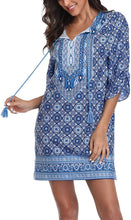 
                        
                          Load image into Gallery viewer, Women Bohemian Neck Tie Vintage Printed Ethnic Style Summer Shift Dress
                        
                      