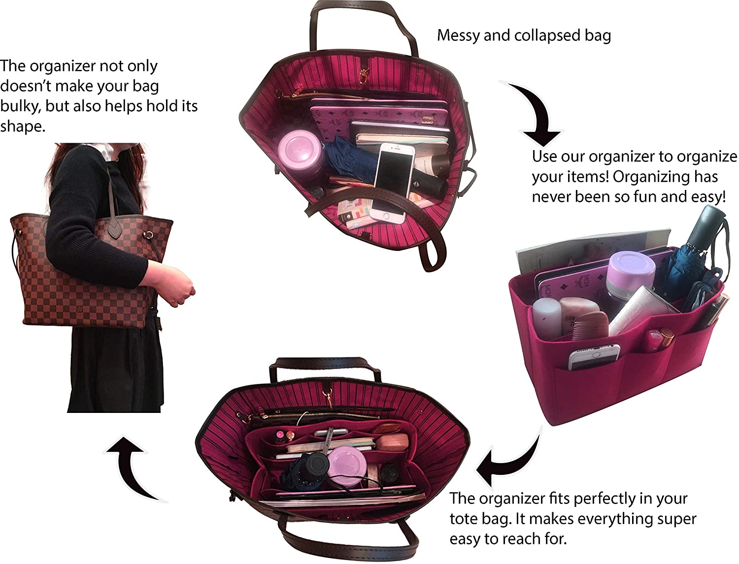 Felt Tote Bag Organizer Insert with Pockets, Handbag Purse Shaper, fits Neverfull, Speedy, Longchamp, etc.