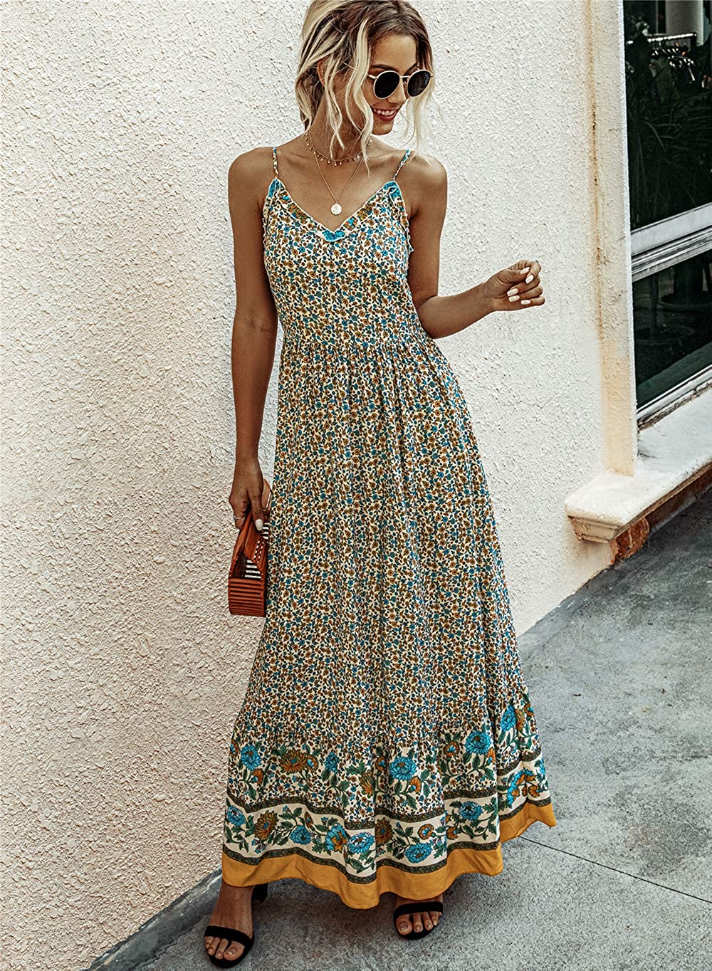 KIRUNDO 2021 Summer Women’s Spaghetti Maxi Dress V Neck High Waist Backless Dress
