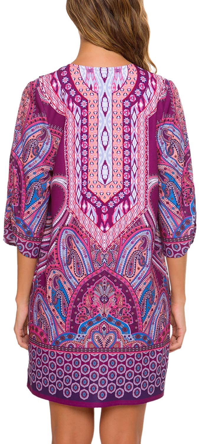 Women Bohemian Neck Tie Vintage Printed Ethnic Style Summer Shift Dress
