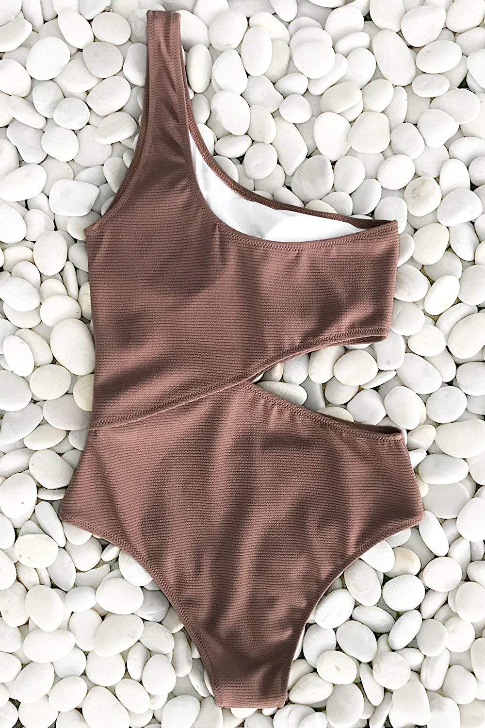 CUPSHE Women's One Piece Swimsuit One Shoulder Cut Out Ribbed Swimwear Bathing Suits - JOY2ESpree