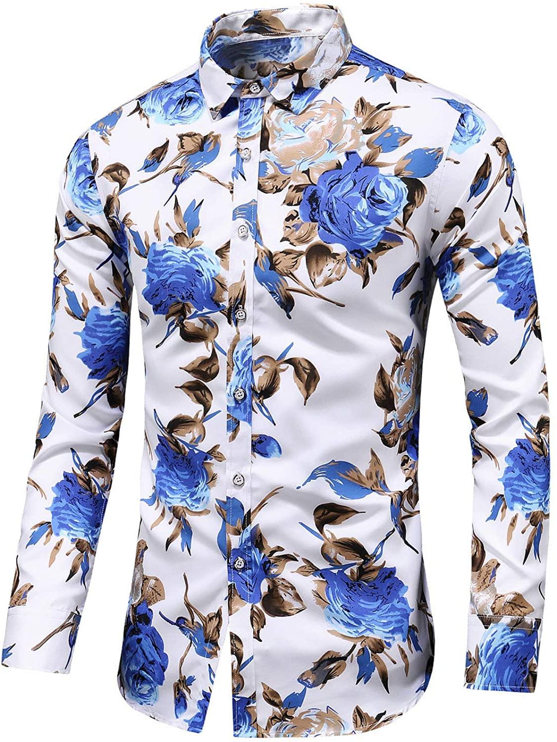 LEFTGU Men's Slim fit Floral Printed Beach Hawaiian Button-Down Dress Shirt