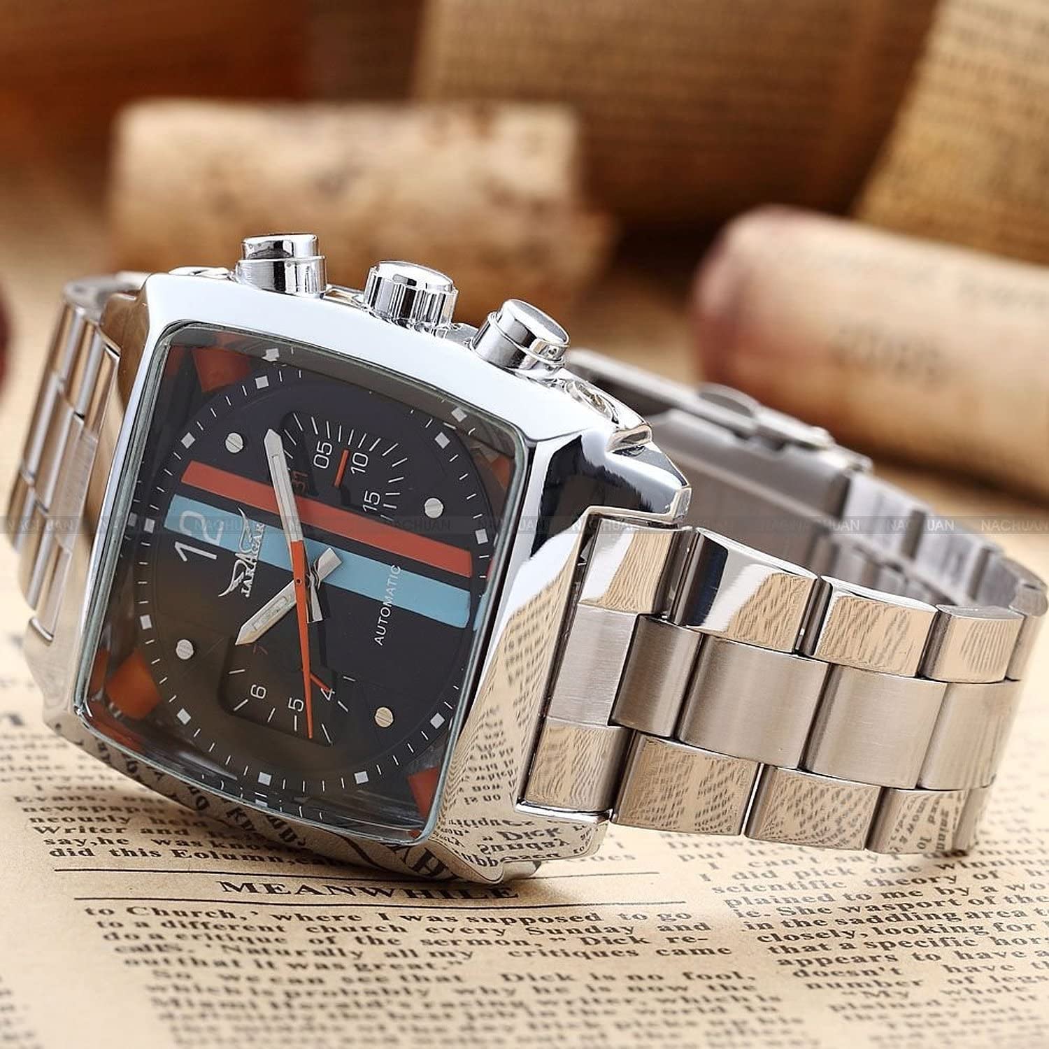 Fanmis Mens Automatic Analog Oblong Date Silver Stainless Steel Wrist Watch Business Luminous Watch