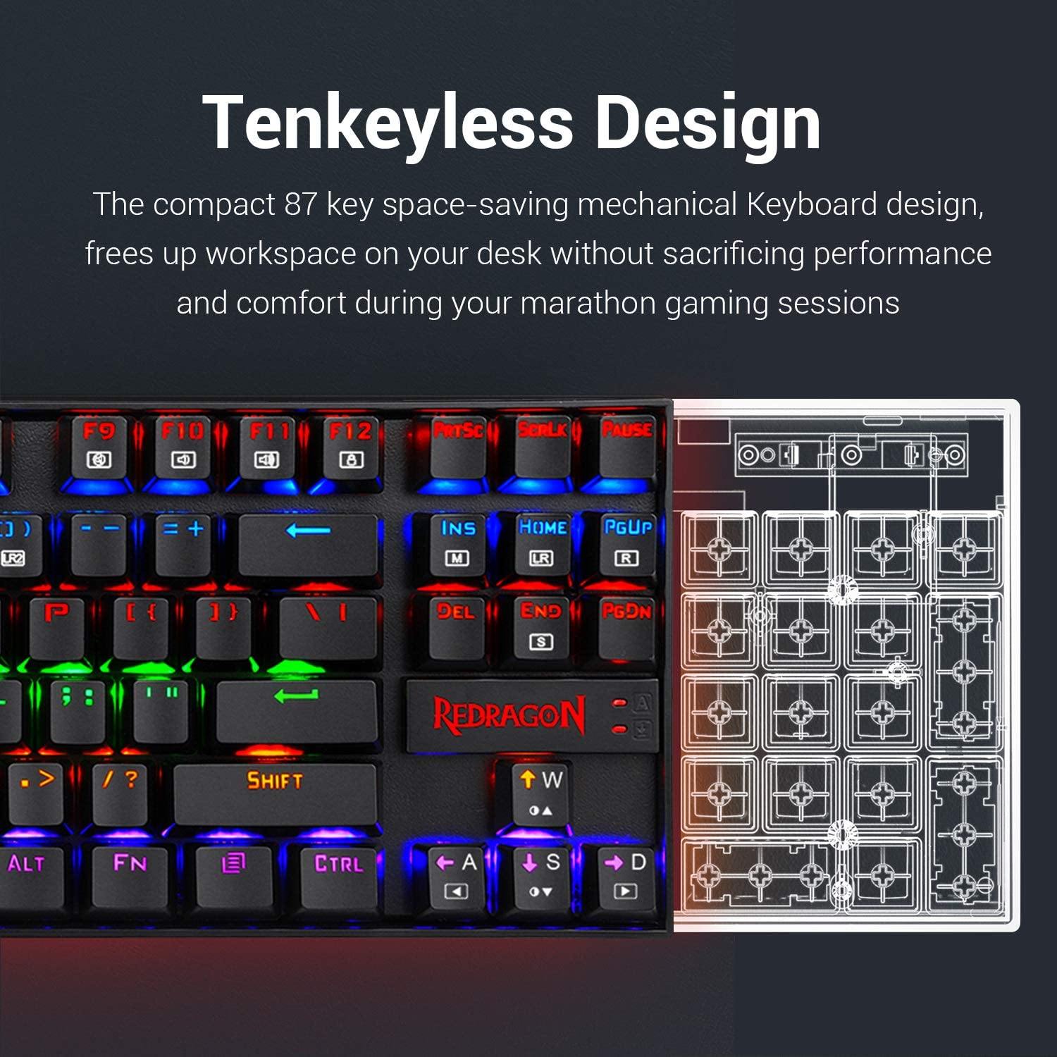Redragon K552 Mechanical Gaming Keyboard RGB LED Rainbow Backlit Wired Keyboard with Red Switches for Windows Gaming PC (87 Keys, Black) - JOY2ESpree