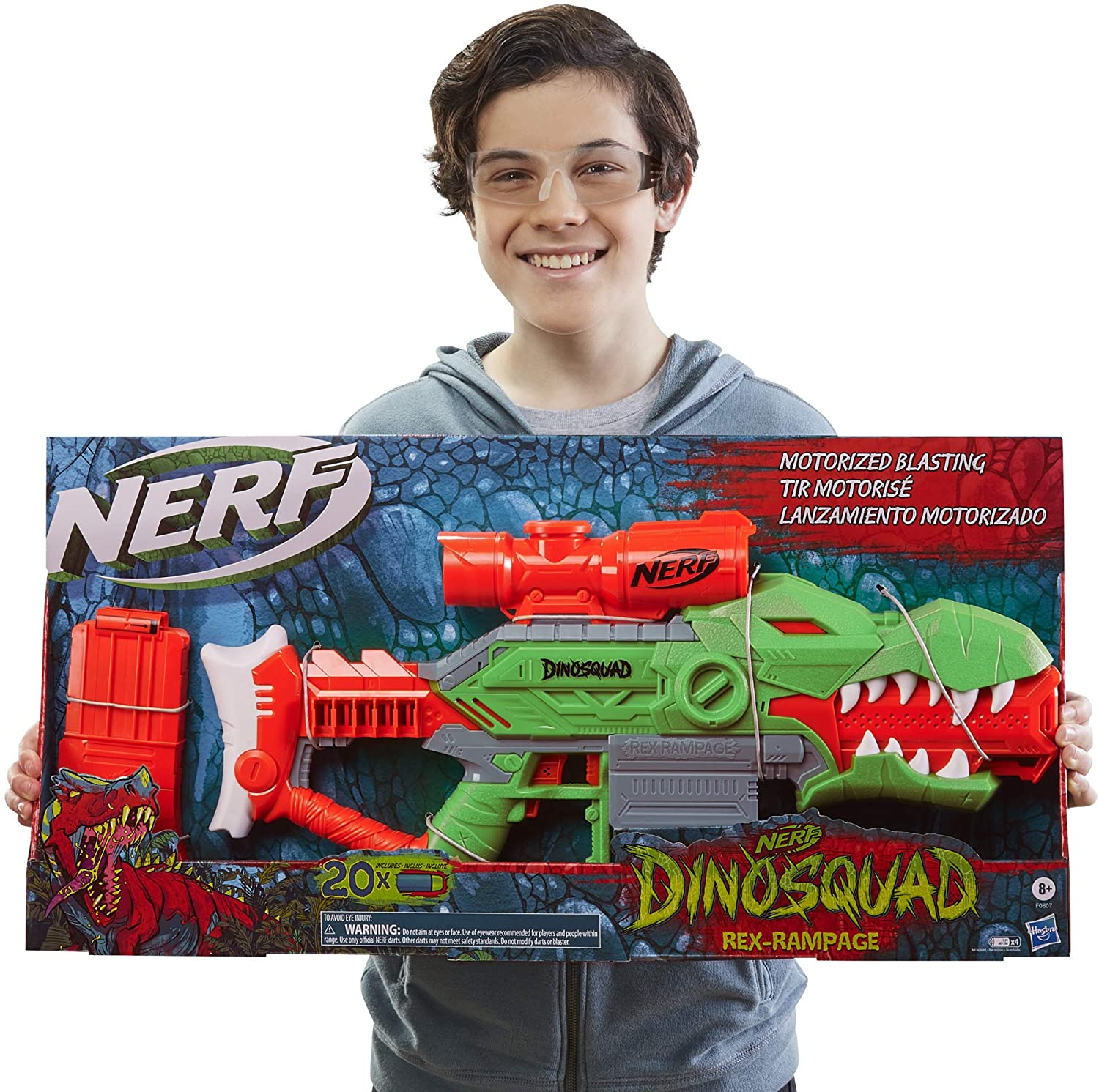 NERF DinoSquad Rex-Rampage Motorized Dart Blaster, 10-Dart Clip, 20 Official Darts, 10-Dart Storage- T-Rex Dinosaur Design
