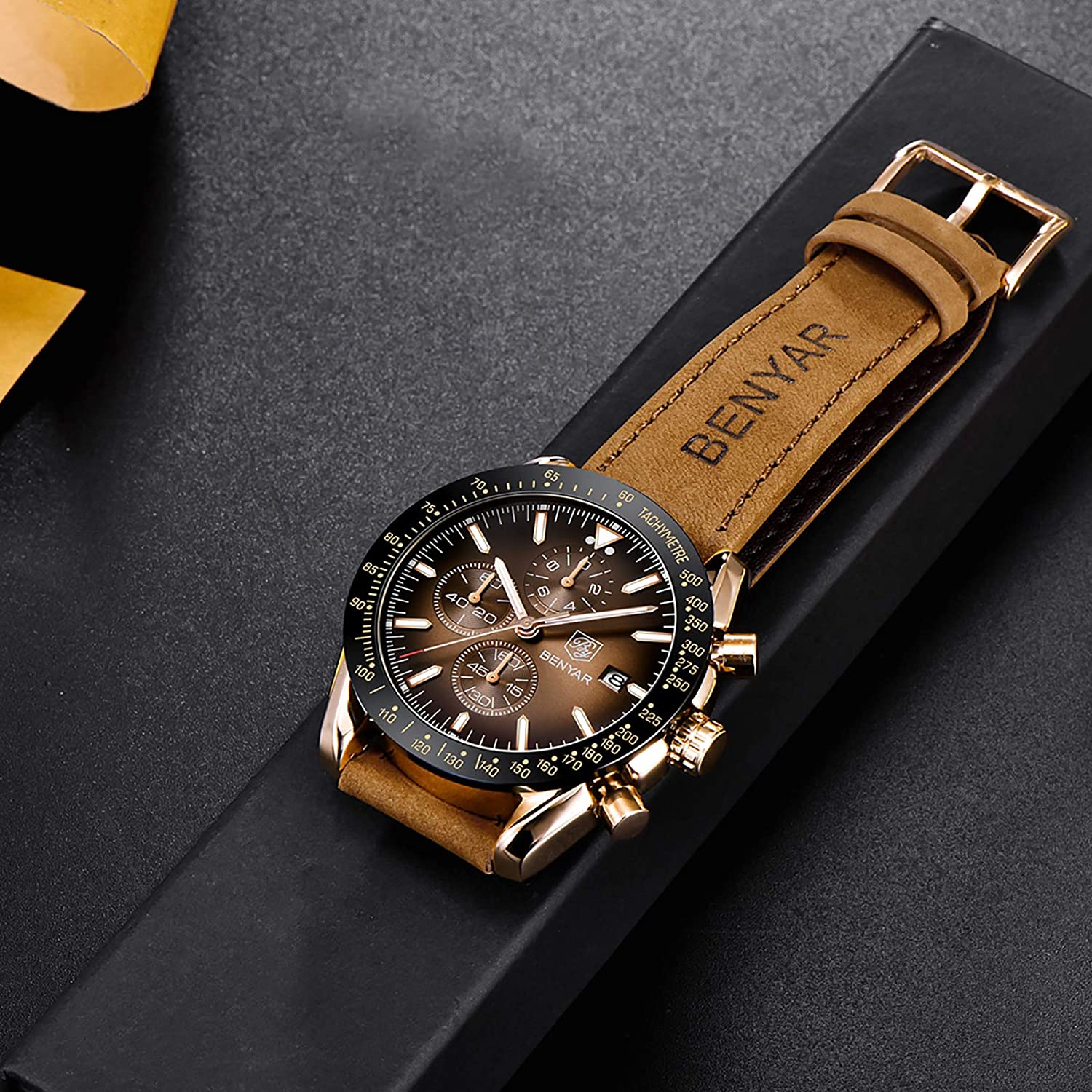 BENYAR Chronograph Mens Watch Quartz Movement 30M Waterproof | Leather Watch Strap