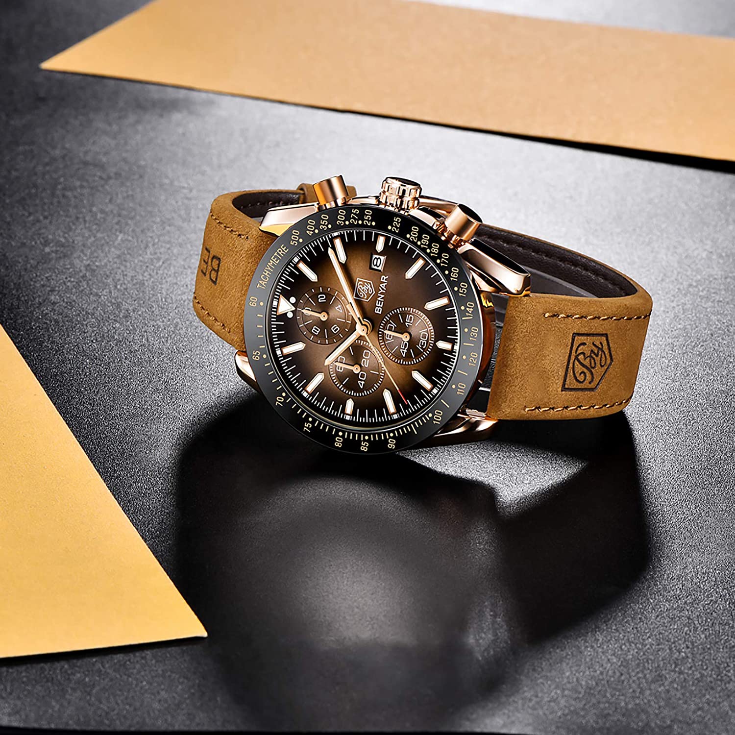 BENYAR Chronograph Mens Watch Quartz Movement 30M Waterproof | Leather Watch Strap