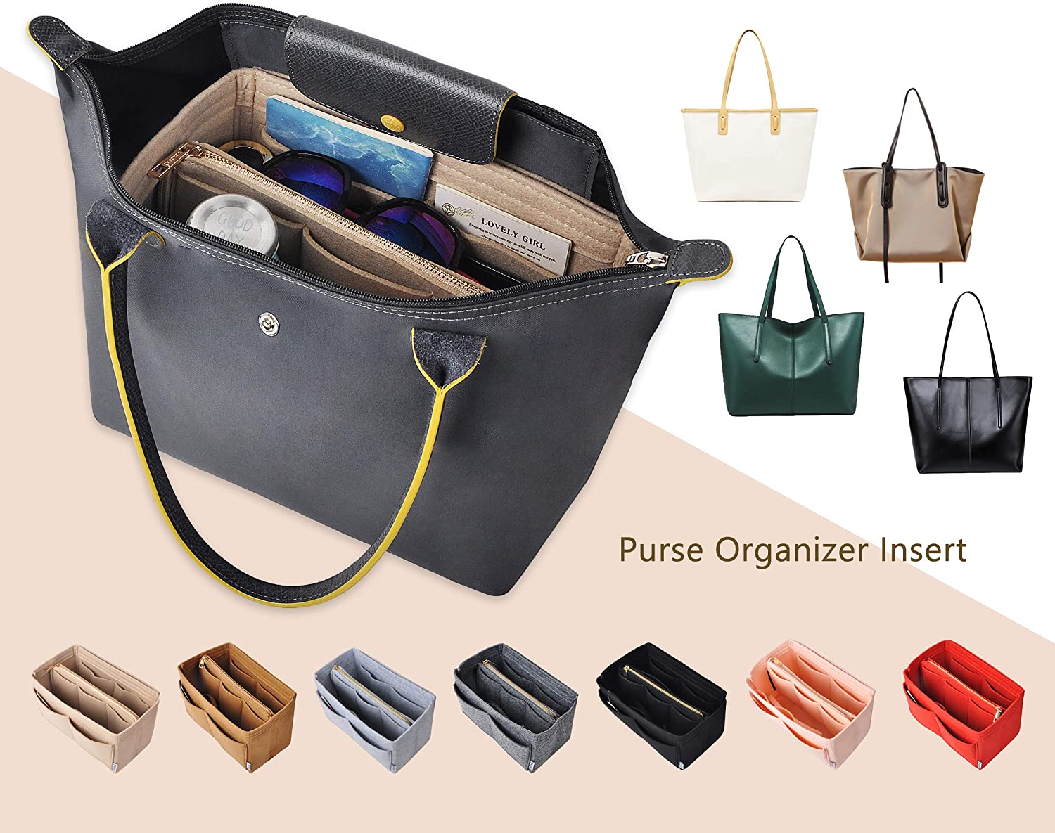 Vercord Felt Organizer Insert for Purse Handbag Tote Bag in Bag Inside Shaper Divider Neo Beige Small