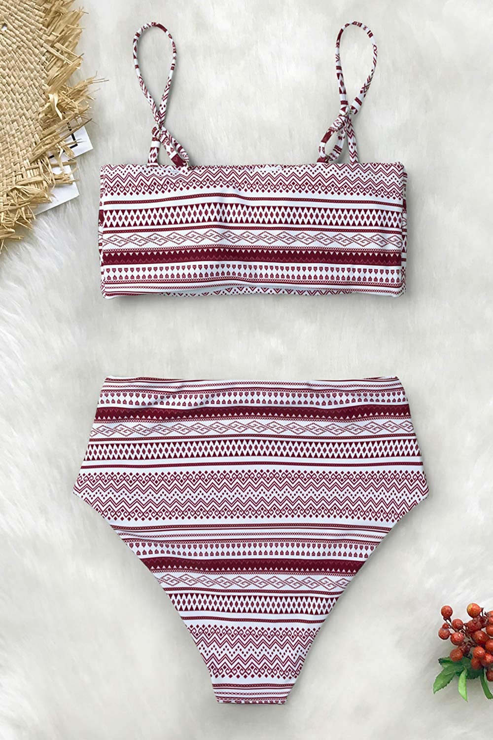 CUPSHE Women's Stripe Reversible Bandeau Top High Waisted Bikini