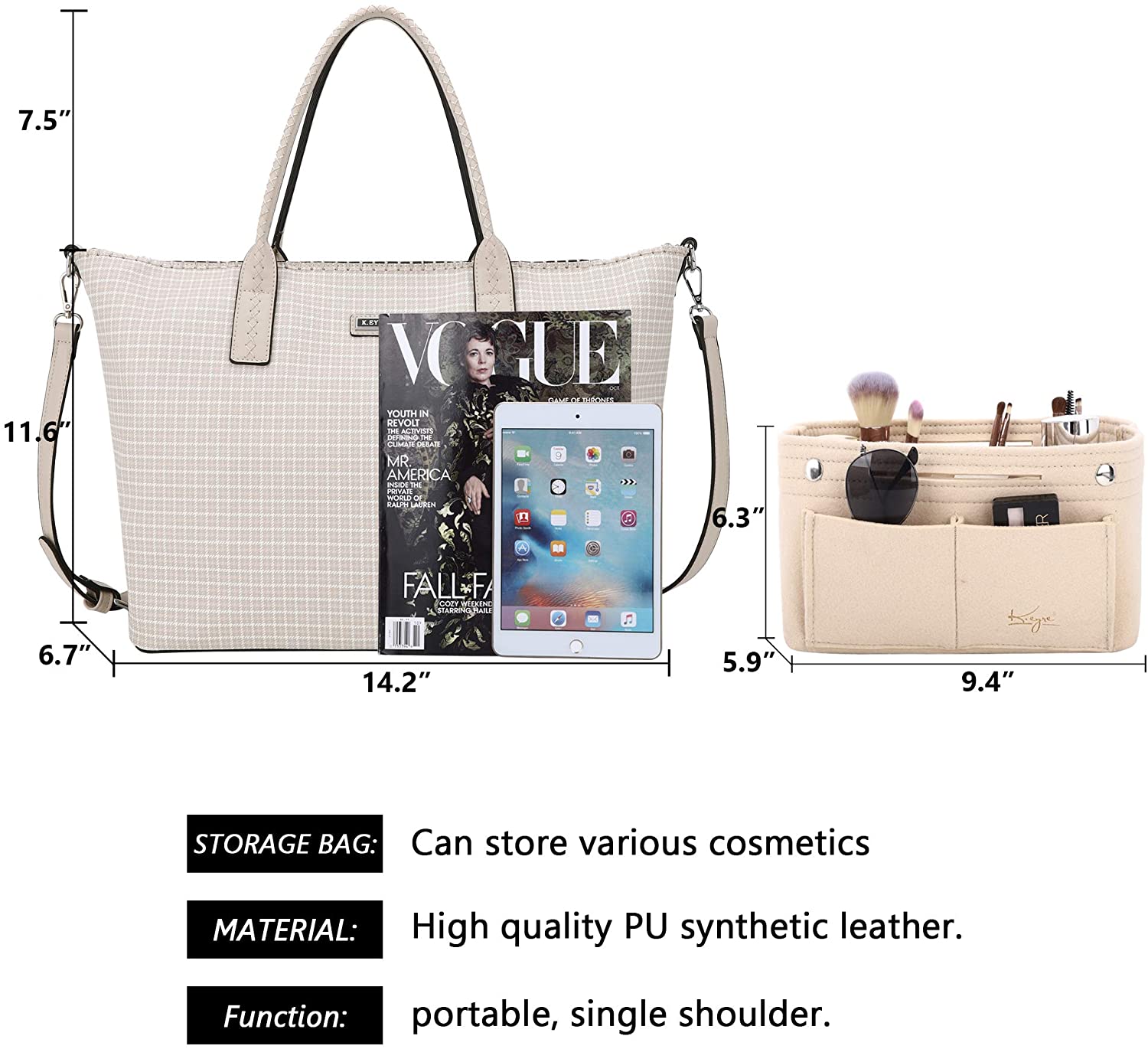 K.EYRE Women's Soft Faux Leather Tote Bag Purse Handbags Wallet Tote Shoulder Bag Purse Large Capacity