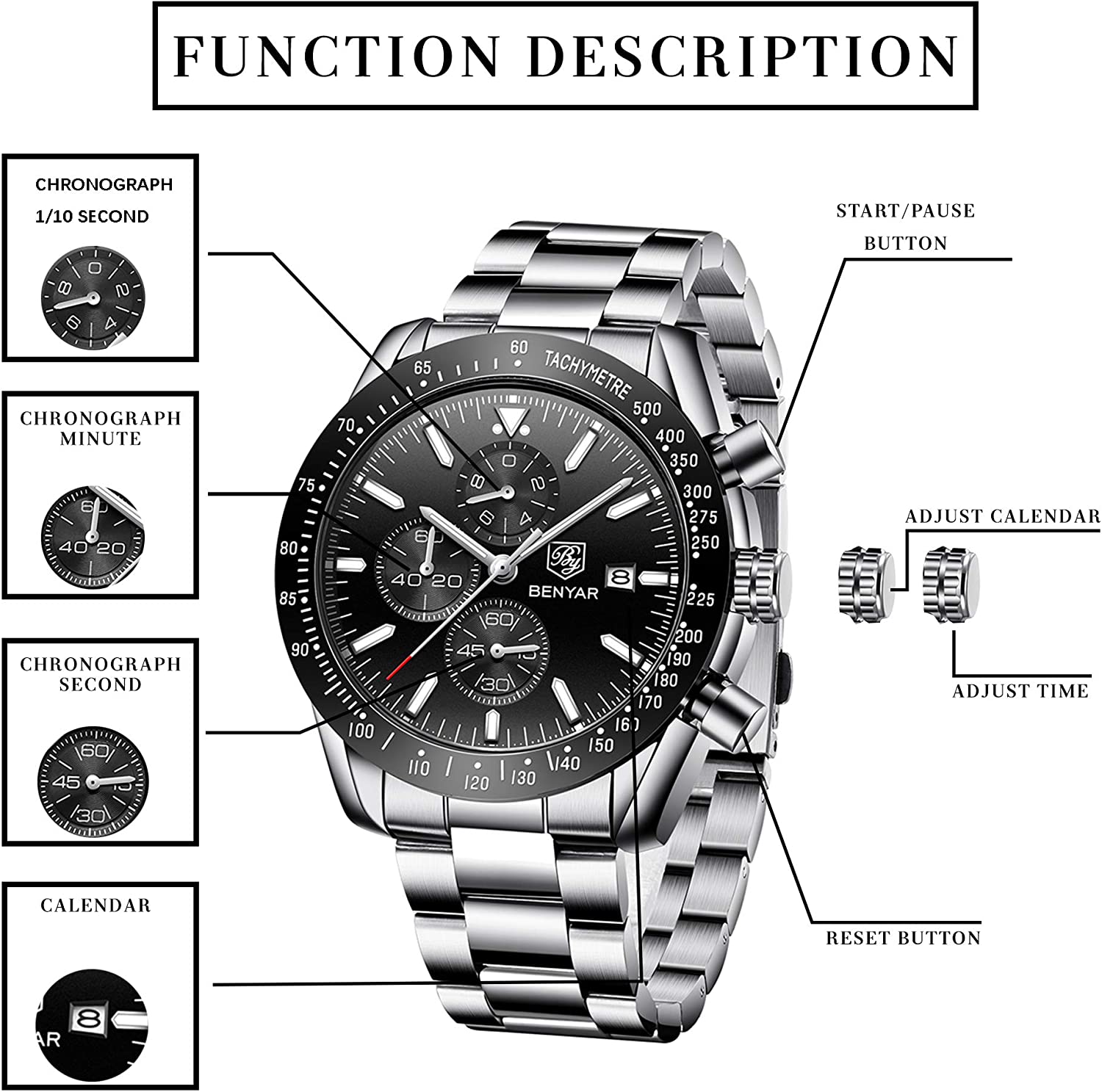 BENYAR Chronograph Mens Watch Quartz Movement 30M Waterproof | Leather Watch Strap