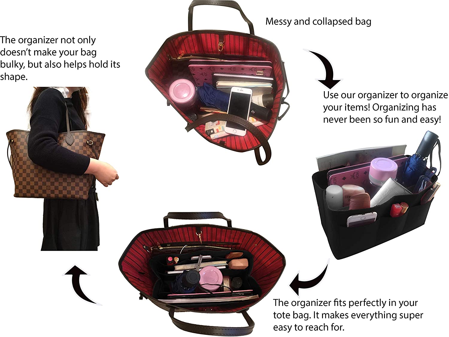 Felt Tote Bag Organizer Insert with Pockets, Handbag Purse Shaper, fits Neverfull, Speedy, Longchamp, etc.
