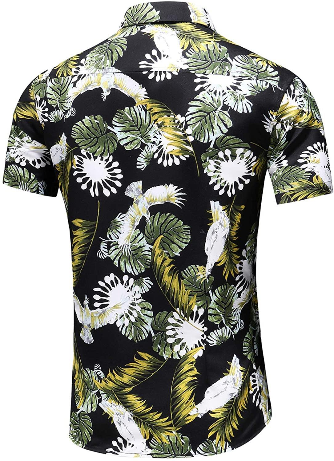 LEFTGU Men's Slim fit Floral Printed Beach Hawaiian Button-Down Dress Shirt