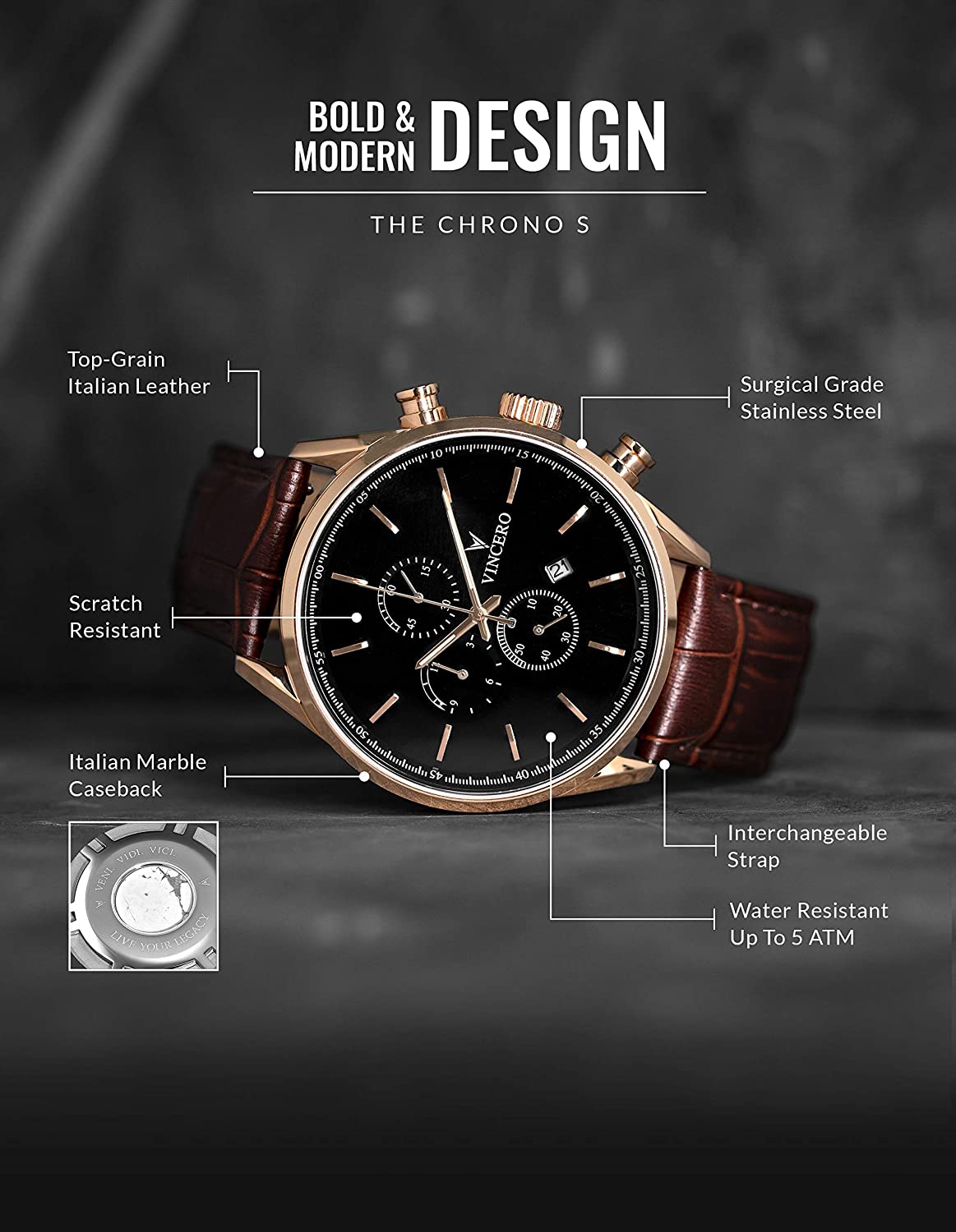 Vincero Luxury Men's Chrono S Wrist Watch - Top Grain Italian Leather Watch Band - 43mm Chronograph Watch - Japanese Quartz Movement…