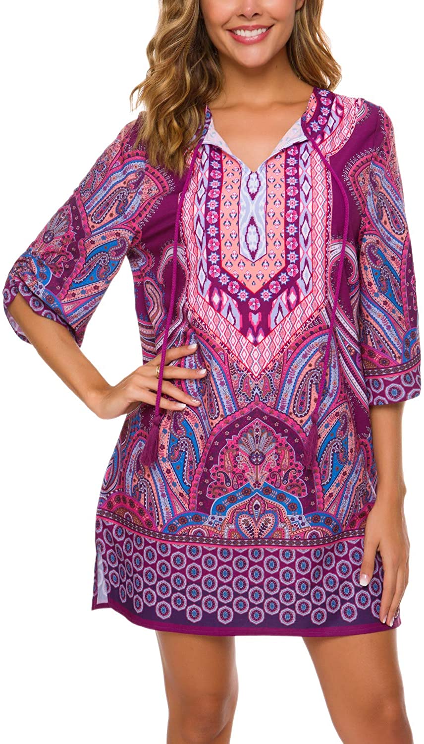 Women Bohemian Neck Tie Vintage Printed Ethnic Style Summer Shift Dress