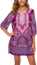 
                        
                          Load image into Gallery viewer, Women Bohemian Neck Tie Vintage Printed Ethnic Style Summer Shift Dress
                        
                      