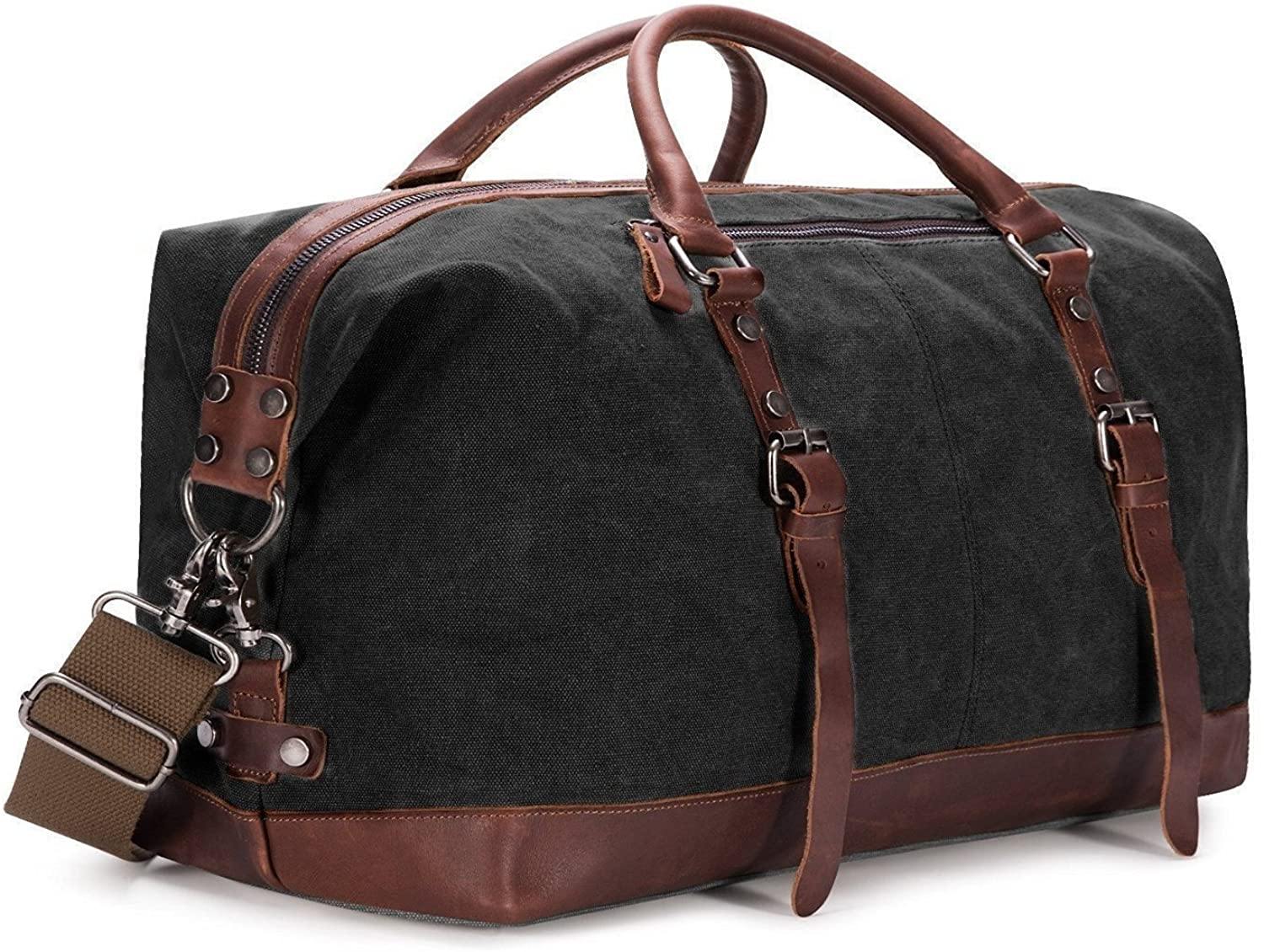BAOSHA Canvas PU Leather Travel Tote Duffel Bag Carry on Bag Weekender Overnight Bag - JOY2ESpree
