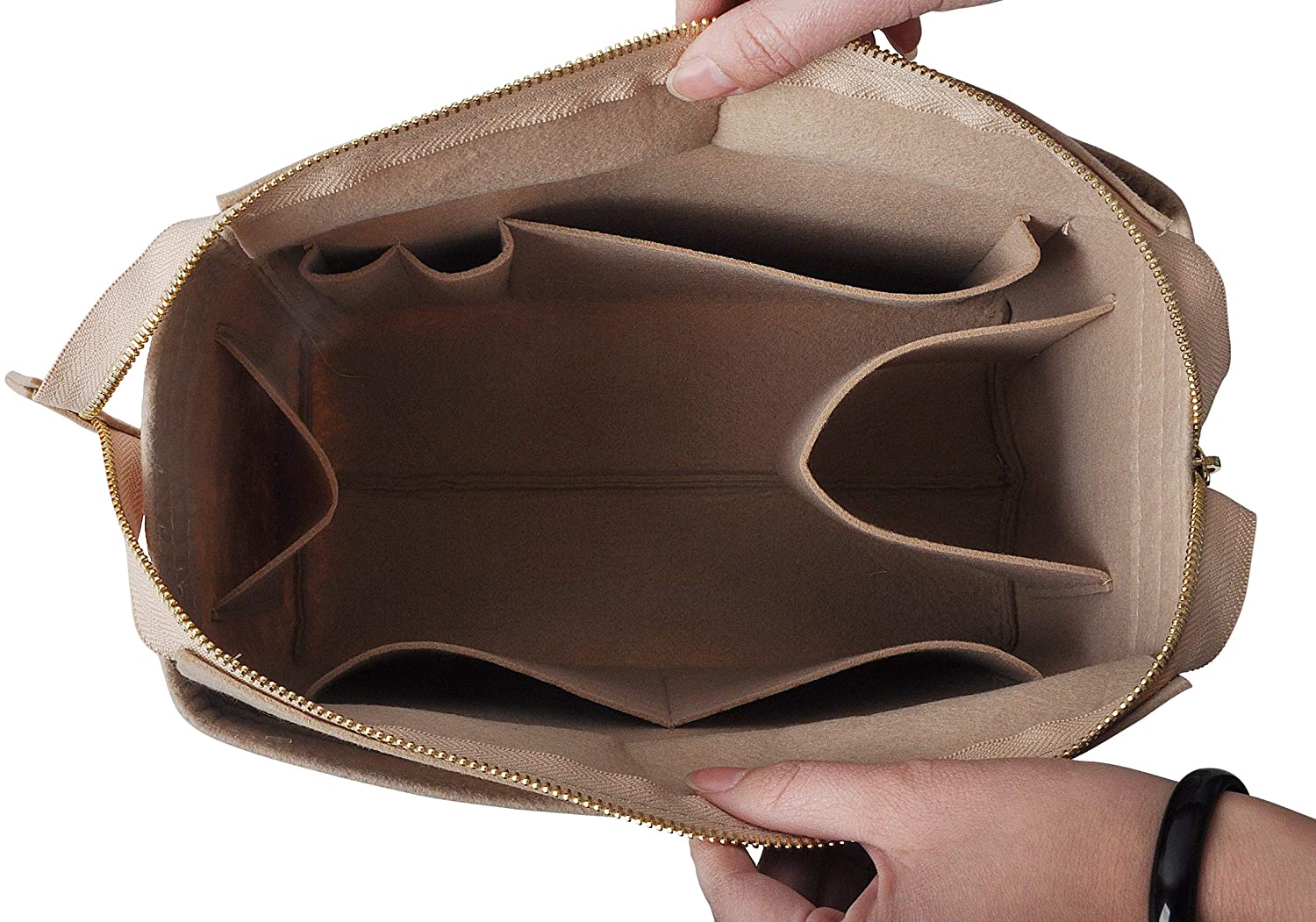 Vercord Felt Zipper Handbag Tote Purse Duffel Backpack Organizer Insert Beige Medium
