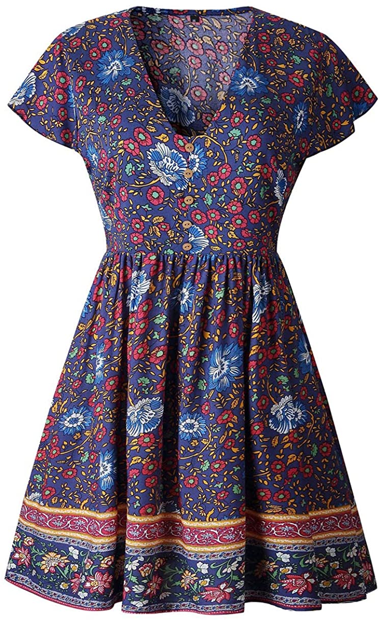 KIRUNDO Women’s  Summer Hot Short Sleeve V-Neck High Waist Floral Print Mini Sun Dress