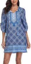 
                        
                          Load image into Gallery viewer, Women Bohemian Neck Tie Vintage Printed Ethnic Style Summer Shift Dress
                        
                      