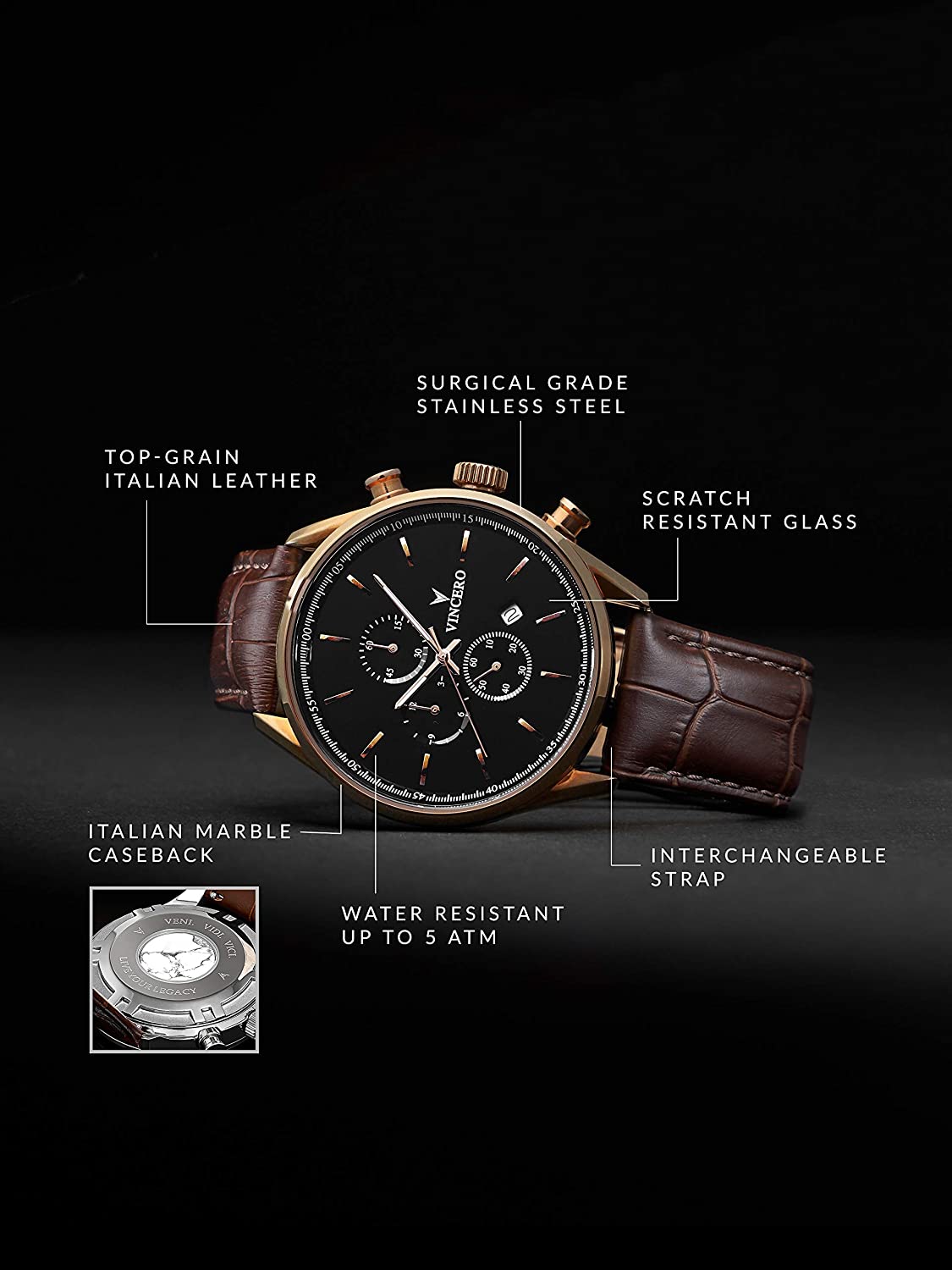 Vincero Luxury Men's Chrono S Wrist Watch - Top Grain Italian Leather Watch Band - 43mm Chronograph Watch - Japanese Quartz Movement…