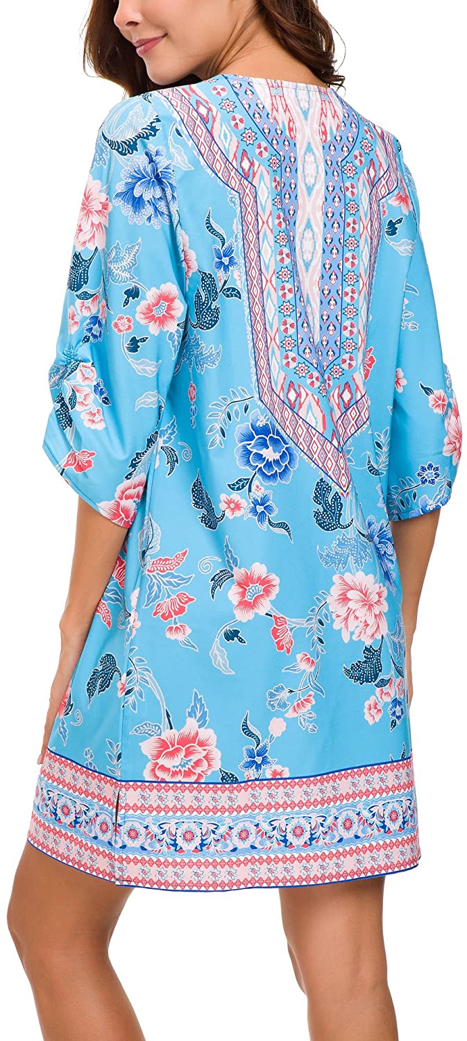 Women Bohemian Neck Tie Vintage Printed Ethnic Style Summer Shift Dress