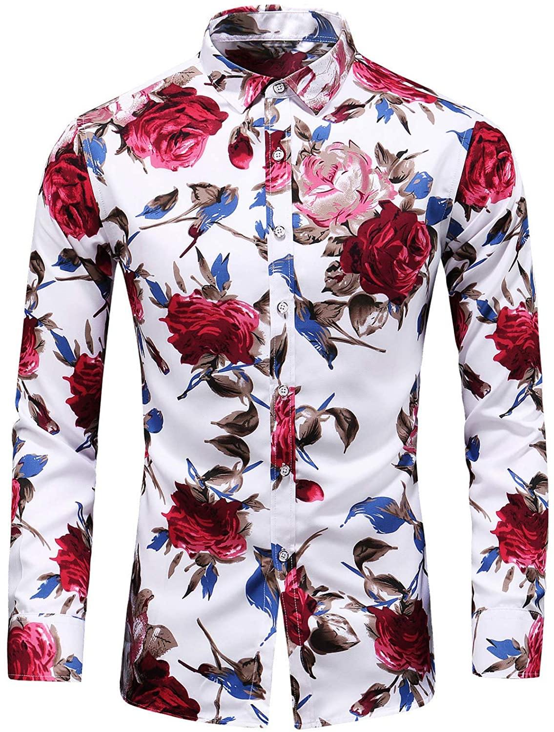 LEFTGU Men's Slim fit Floral Printed Beach Hawaiian Button-Down Dress Shirt