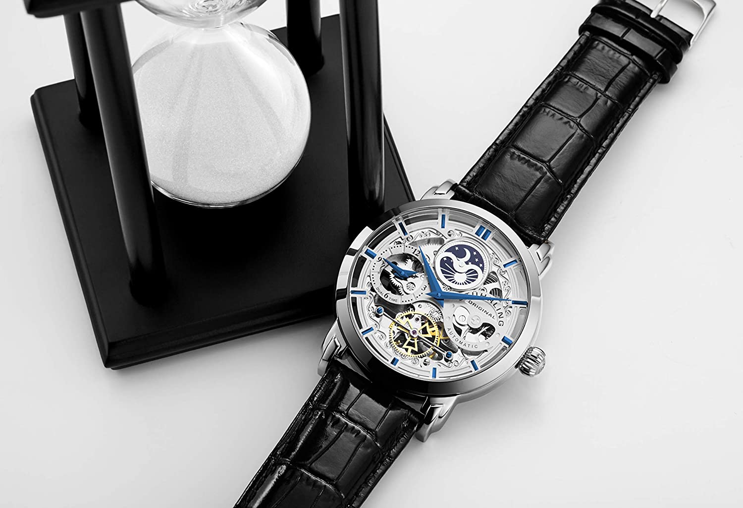 Stührling Original Mens Watch Stainless Steel Automatic, Skeleton Dial, Dual Time, AM/PM Sun Moon,Genuine Leather Strap 371 Watches for Men Series