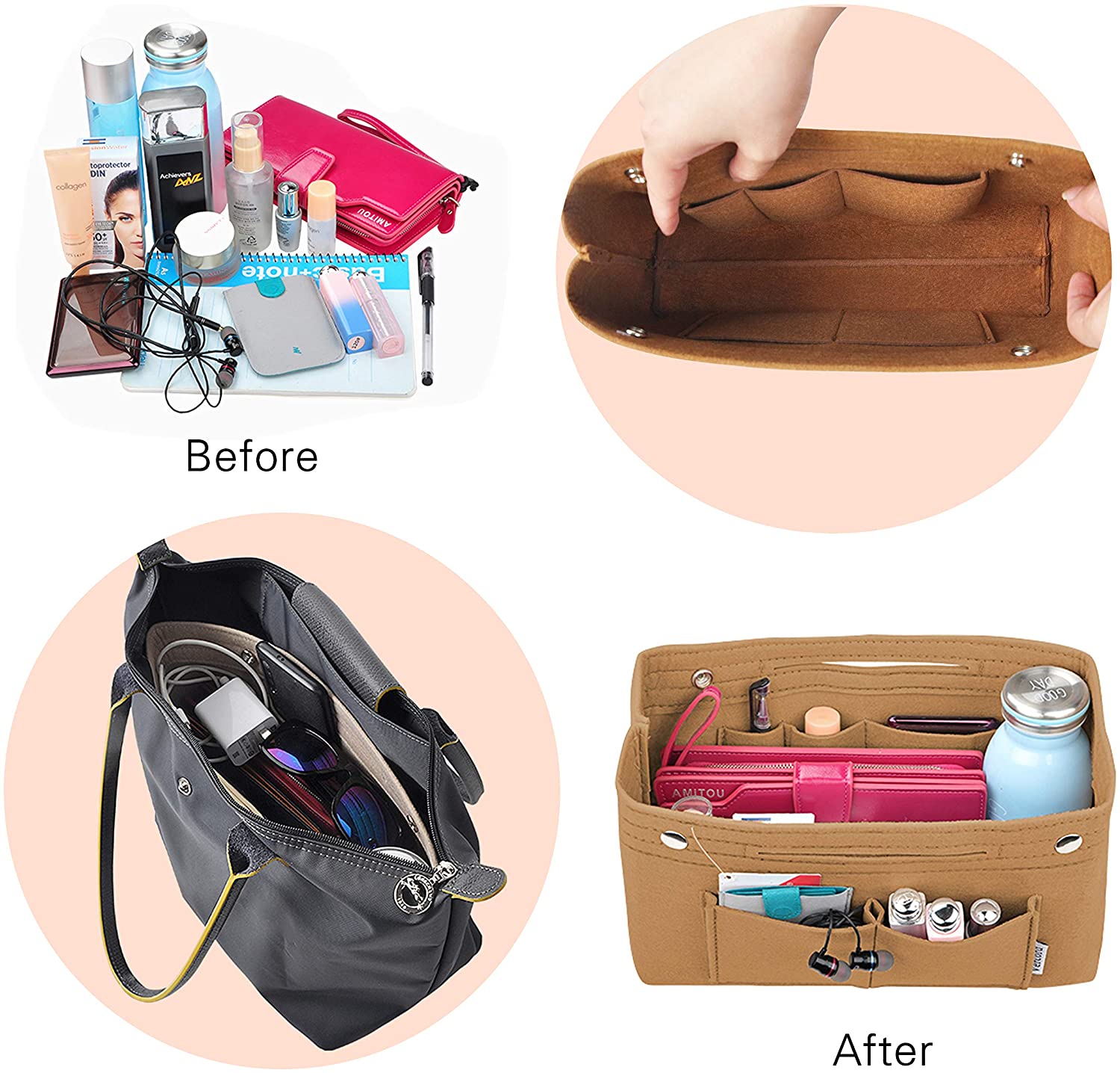 Vercord Felt Tote Handbag Purse Pocketbook Organizer Insert Divider Shaper Bag in Bag