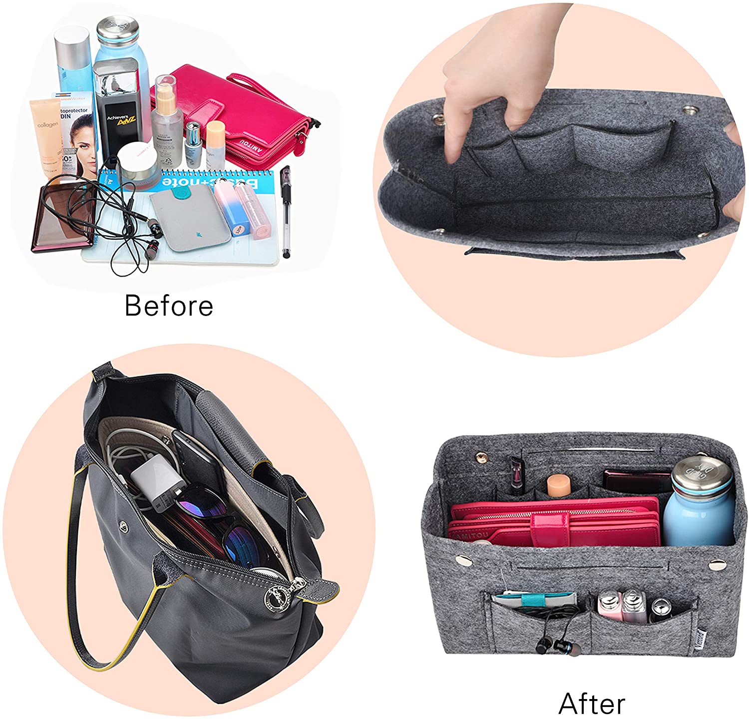 Vercord Felt Tote Handbag Purse Pocketbook Organizer Insert Divider Shaper Bag in Bag