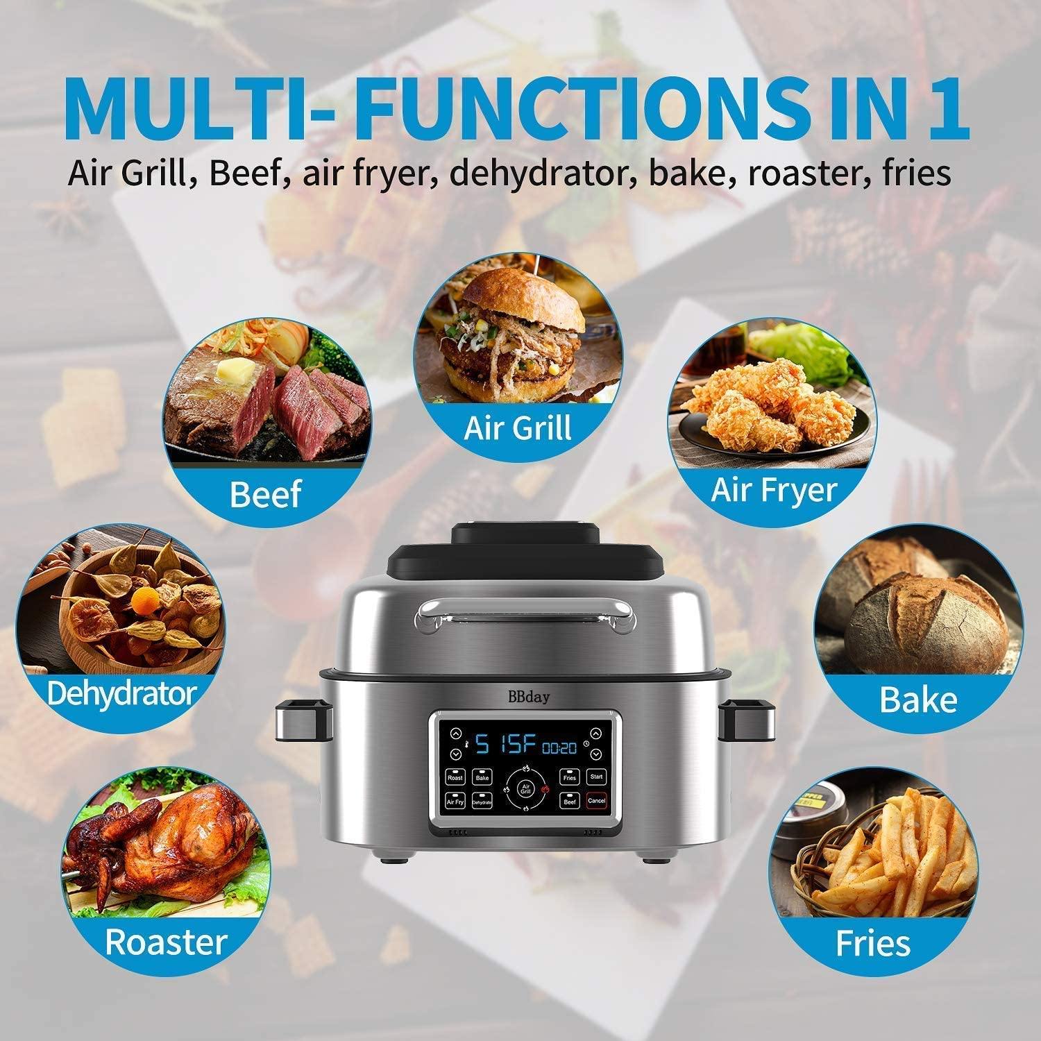 BBday 6.5 QT Air Fryer,10-in-1 Smokeless Indoor Electric Grill with Air Fryer,Roast,Bake and Dehydrate - JOY2ESpree