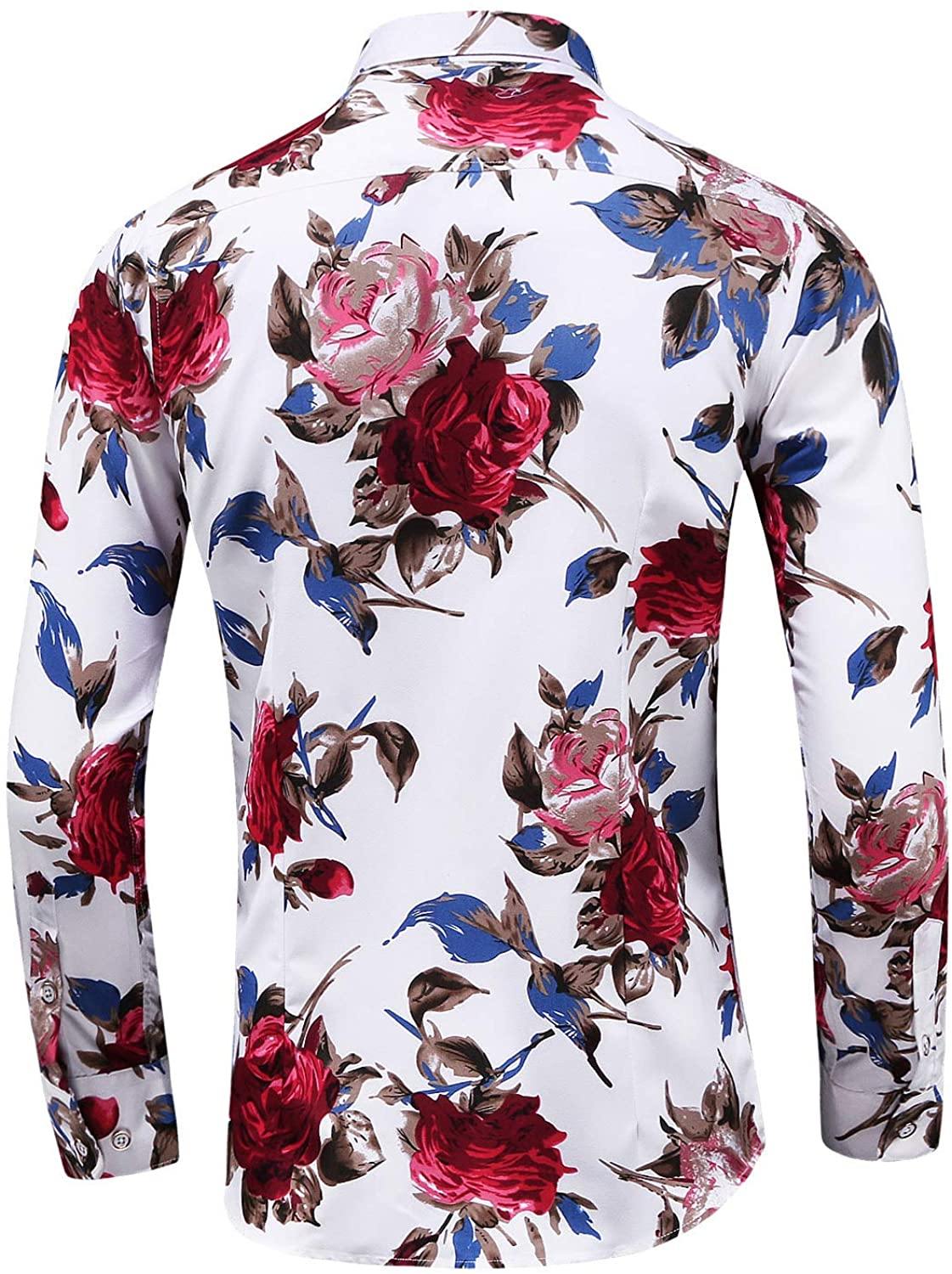 LEFTGU Men's Slim fit Floral Printed Beach Hawaiian Button-Down Dress Shirt