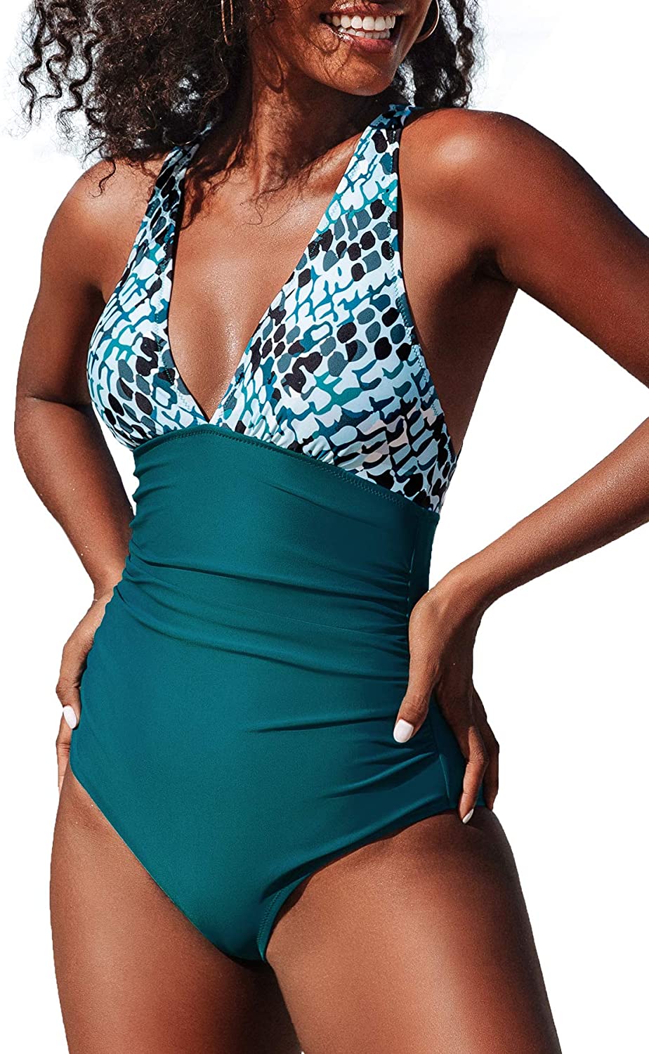 CUPSHE Women's One Piece Swimsuit V Neck Tummy Control Cross Back Vintage Swimwear Bathing Suits