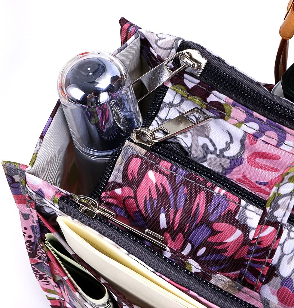 BTSKY New Printing Handbag Organizers Inside Purse Insert-High Capacity 13 Pockets Bag Tote Organizer with Handle Peacock Flower