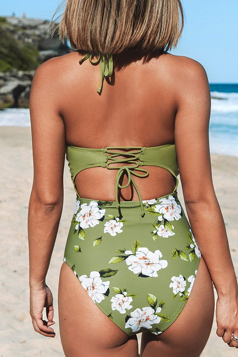 CUPSHE Women's Black Floral Print Halter Cutout High Waist One Piece Swimsuit