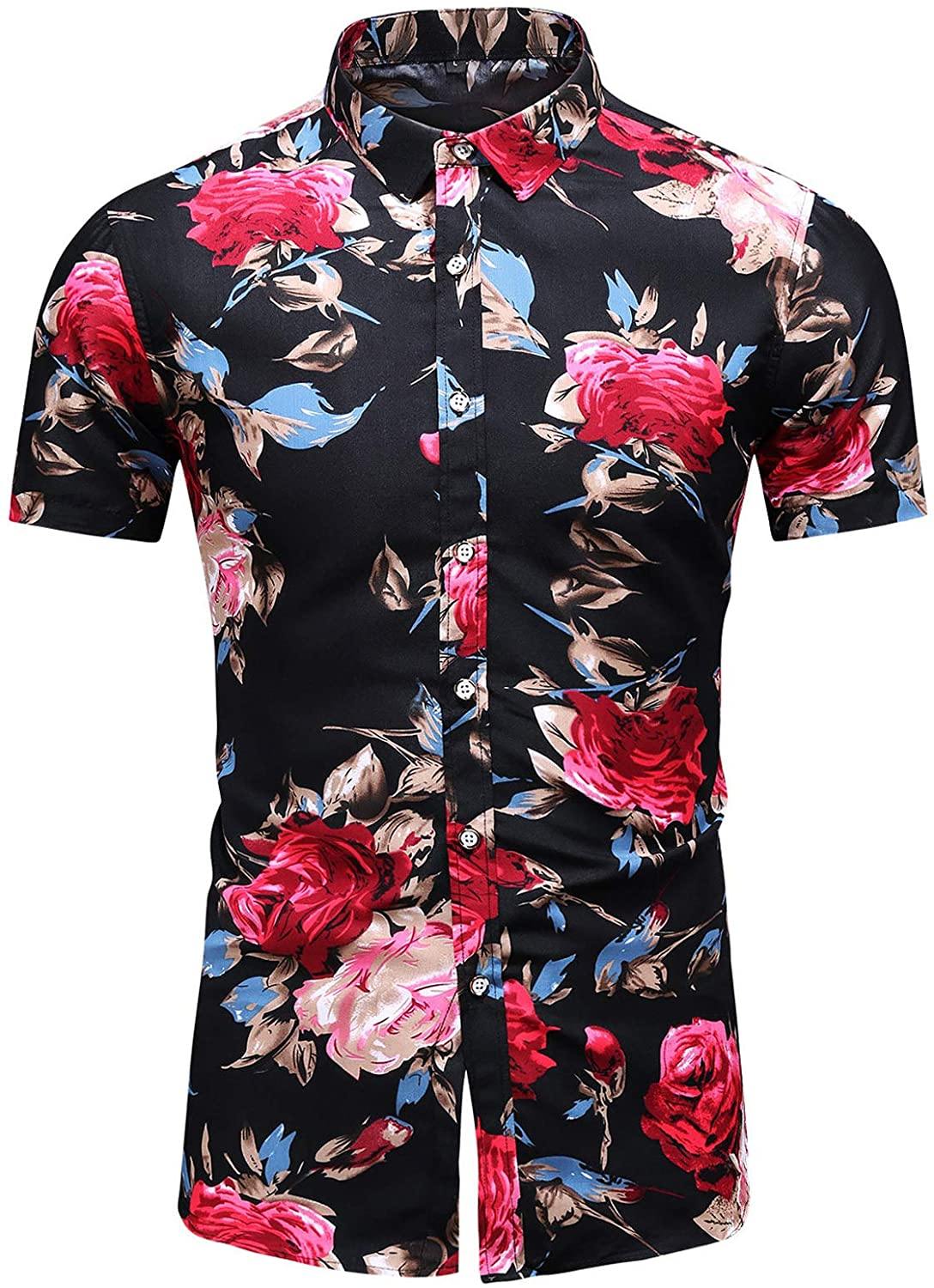LEFTGU Men's Slim fit Floral Printed Beach Hawaiian Button-Down Dress Shirt