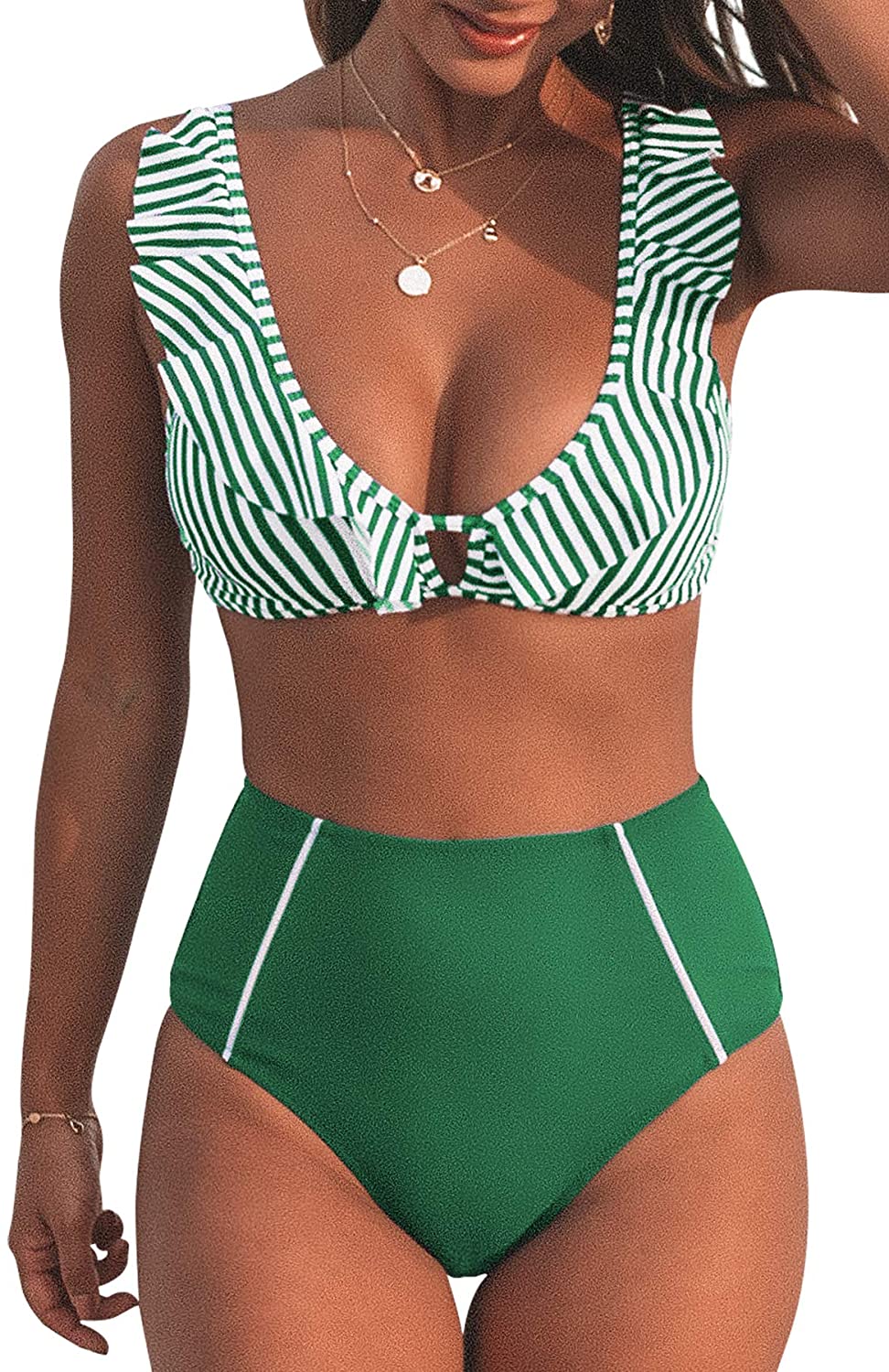 CUPSHE Women's High Waist Bikini Swimsuit Ruffle Floral Print Two Piece Bathing Suit