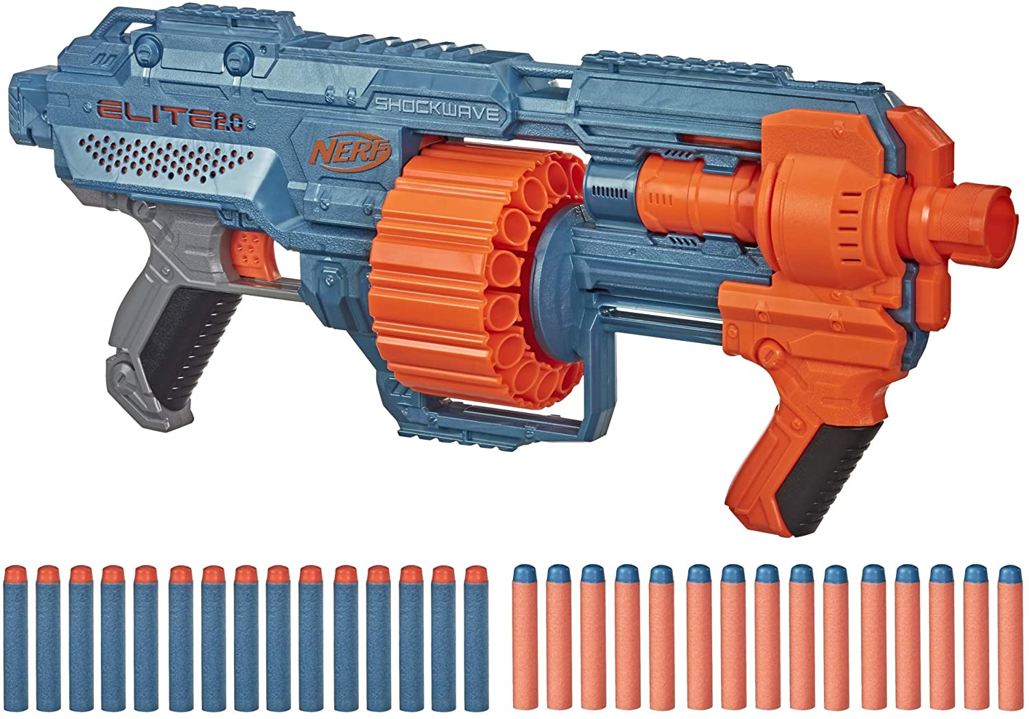 NERF Elite 2.0 Shockwave RD-15 Blaster, 30 Darts, 15-Dart Rotating Drum, Pump-Action Slam Fire, Built-in Customizing Capabilities