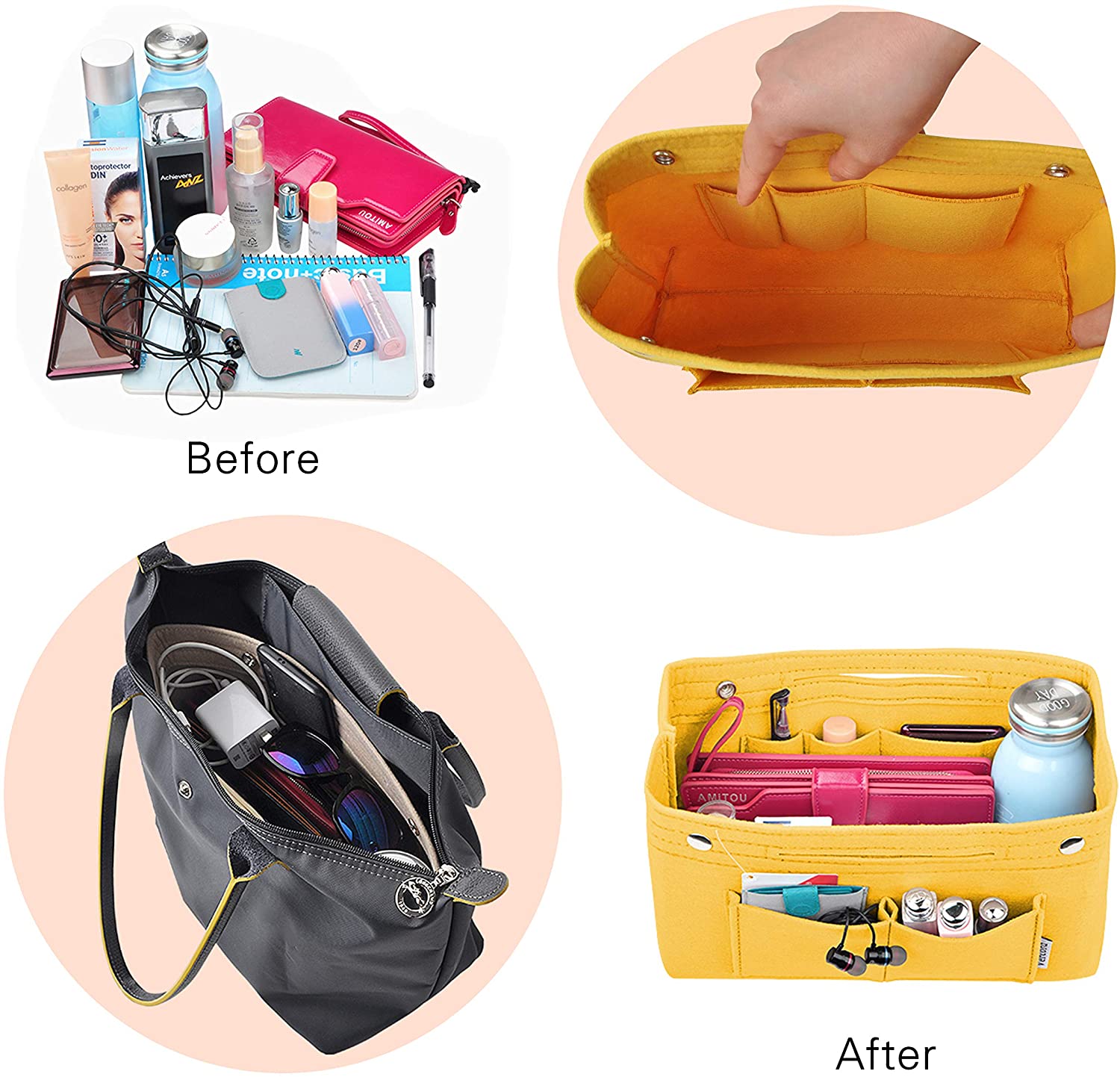 Vercord Felt Tote Handbag Purse Pocketbook Organizer Insert Divider Shaper Bag in Bag
