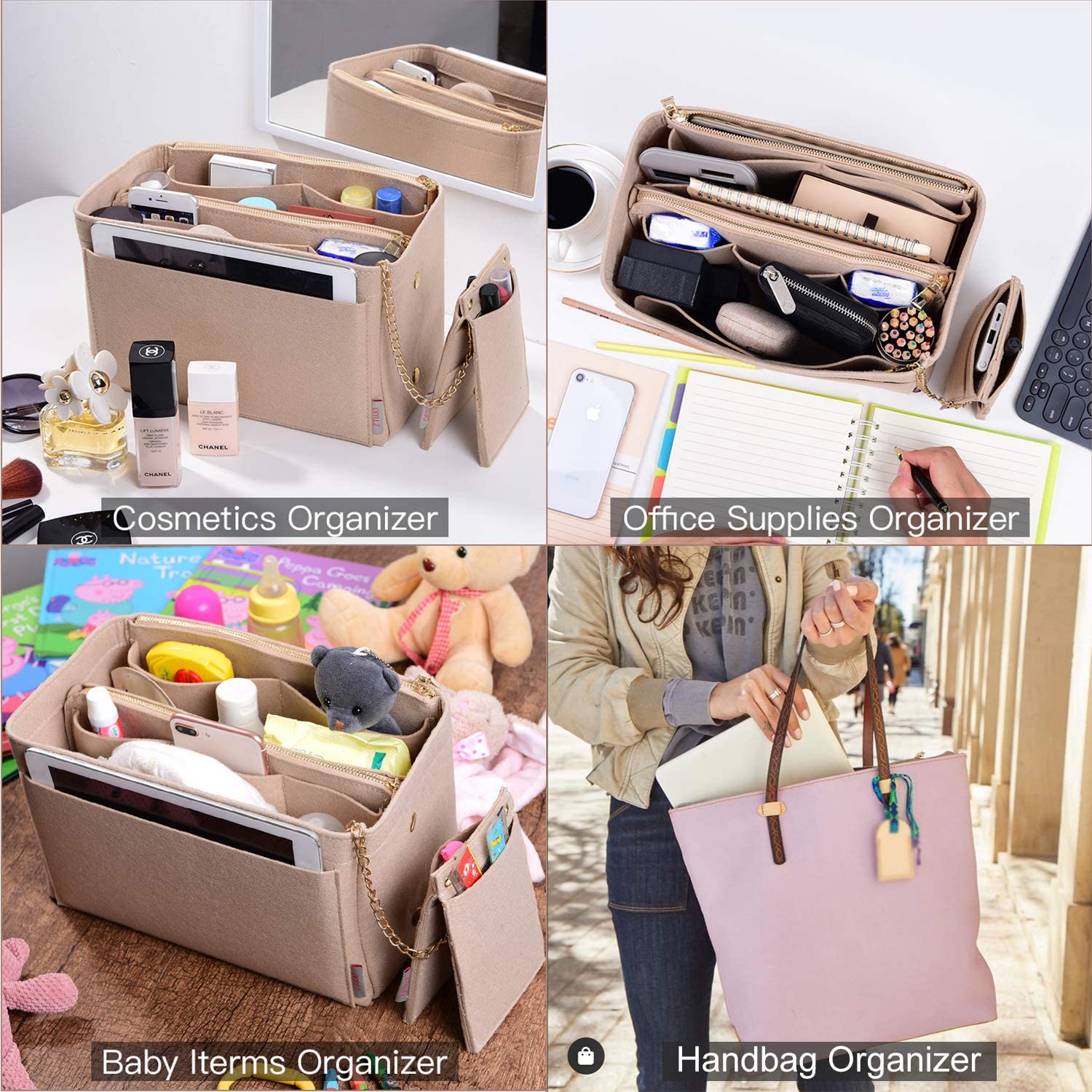 Purse Organizer, Purse Organizer Insert With 2 Metal Zipper, Bag Organizer With RFID Blocking Pocket Purse Organizer insert
