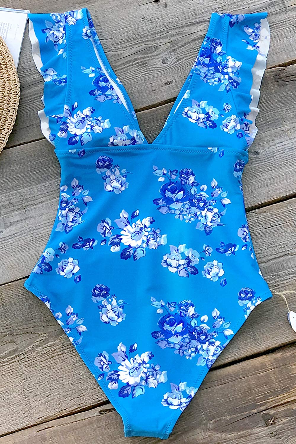 CUPSHE Women's One Piece Swimsuit V Neck Ruched Ruffle Shoulder Swimwear Bathing Suits