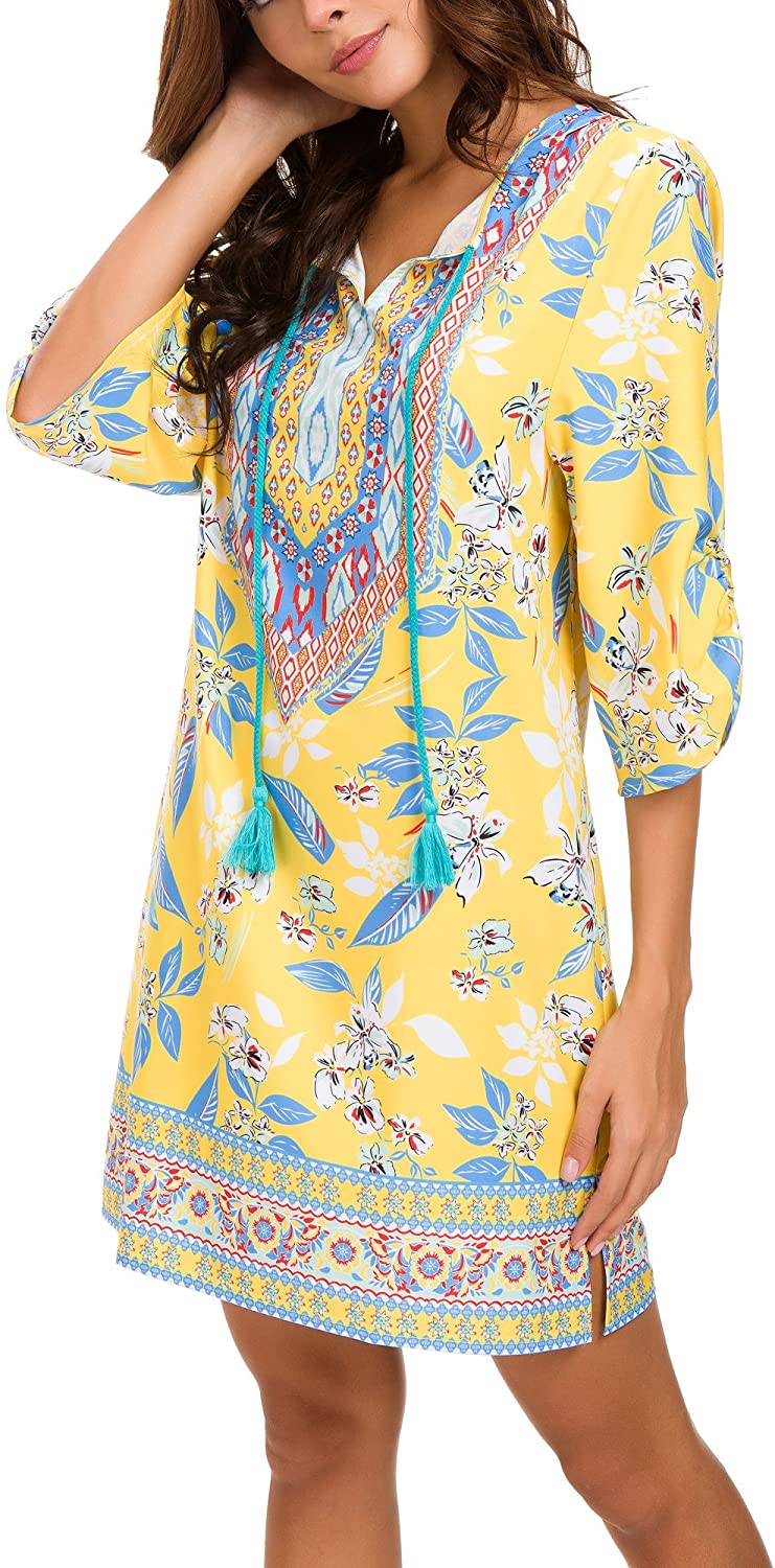 Women Bohemian Neck Tie Vintage Printed Ethnic Style Summer Shift Dress