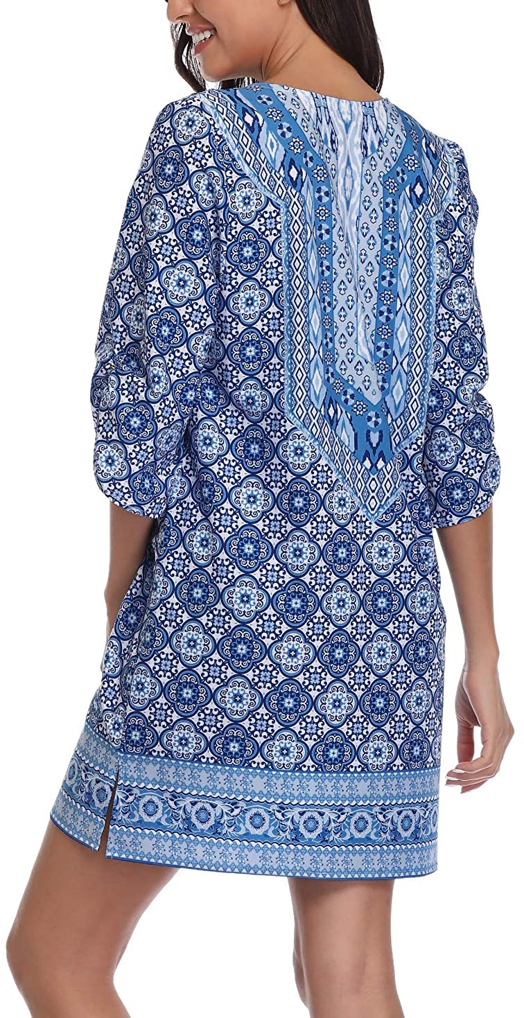 Women Bohemian Neck Tie Vintage Printed Ethnic Style Summer Shift Dress