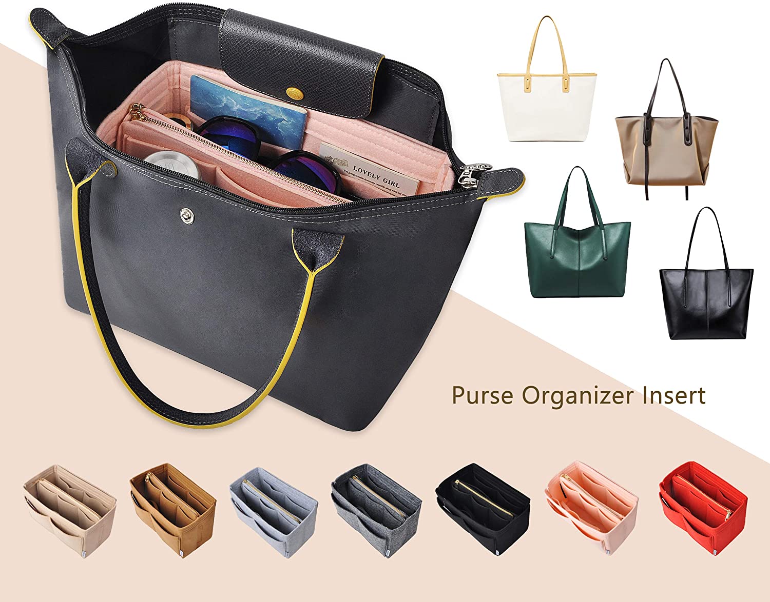 Vercord Felt Organizer Insert for Purse Handbag Tote Bag in Bag Inside Shaper Divider Neo Beige Small