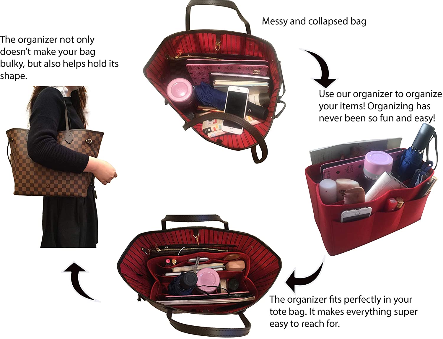 Felt Tote Bag Organizer Insert with Pockets, Handbag Purse Shaper, fits Neverfull, Speedy, Longchamp, etc.